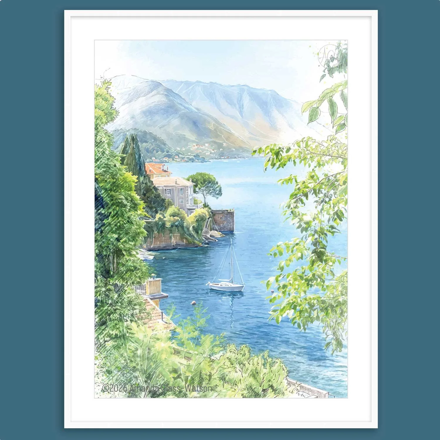 Como Morning is a digital painting of Lake Como shown on a blue wall