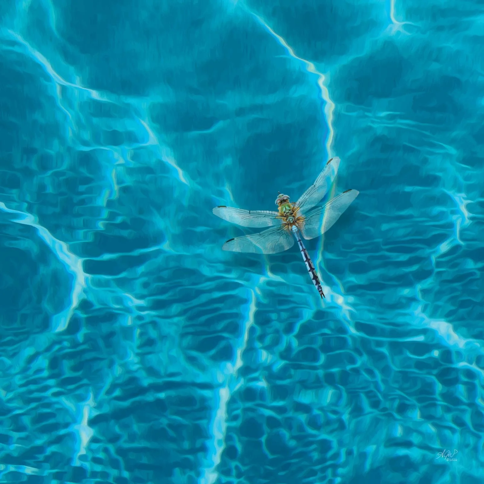 A digital painting of a dragonfly hovering over clear blue water. Wall art print is called Dragonfly.
