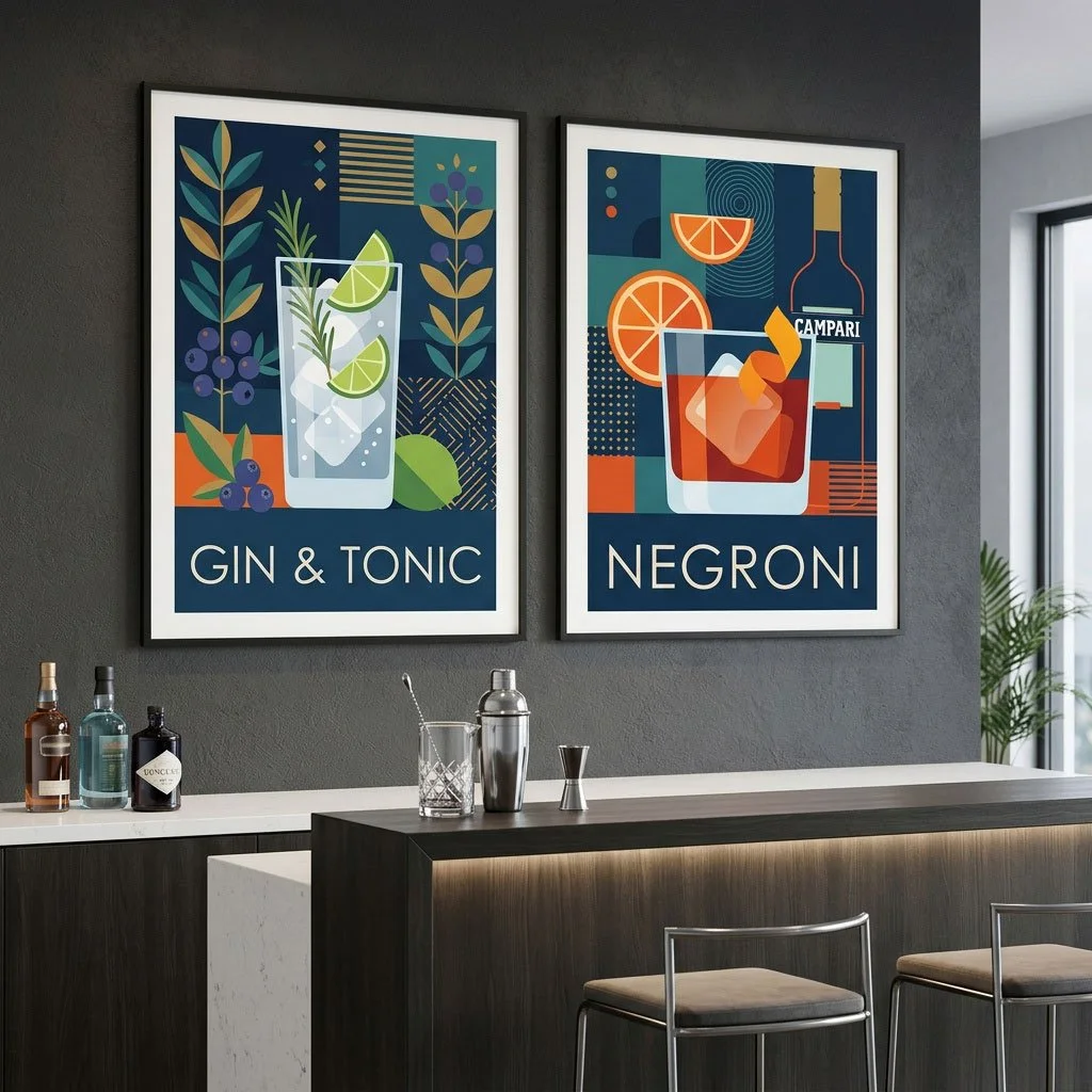 Two digital art prints with a cocktail theme above a bar area of a home
