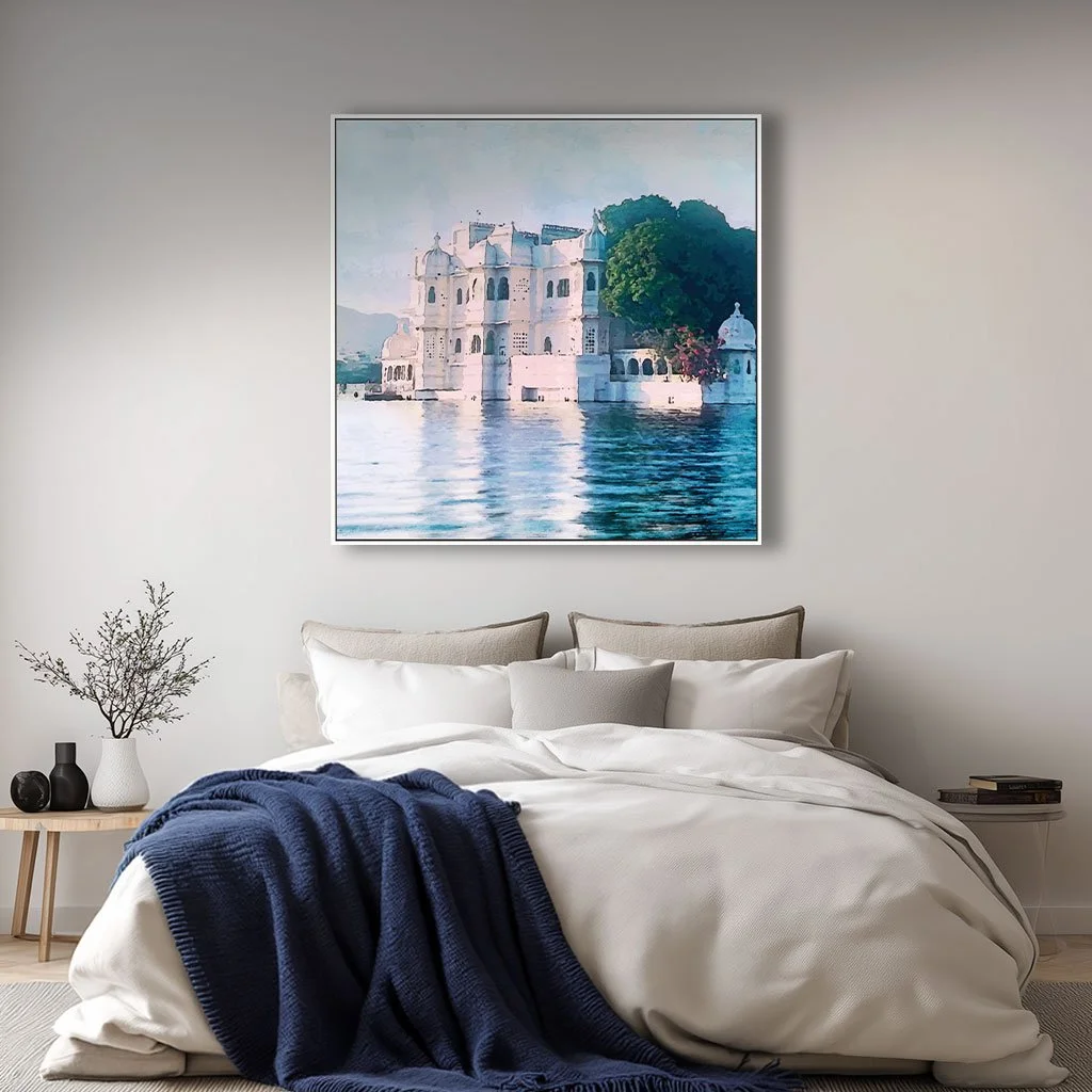 Letter To India art print is a digital watercolour of Lake Palace reflecting in Lake Picola