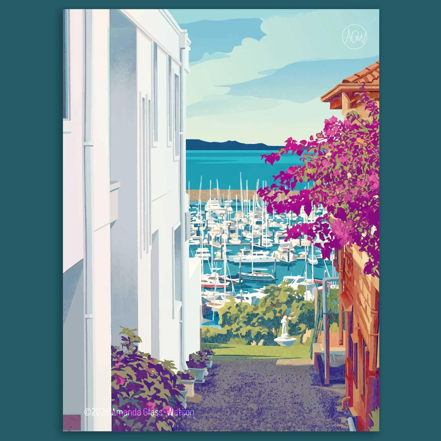 Harbour View wall art print of Manly Harbour through two houses, flowers in the foreground