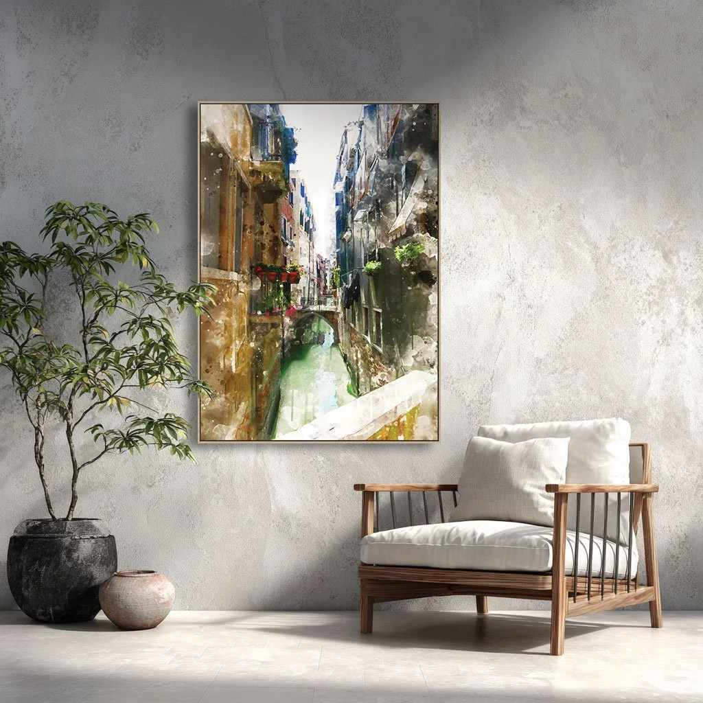 Venezia wall art print a small canal between buildings with bridges, washing hanging and flowers