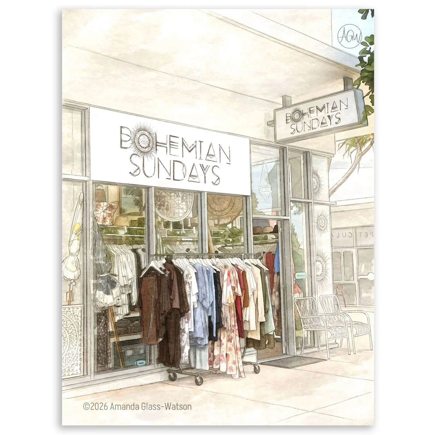 Bohemian Sunday wall art print, unframed close up.