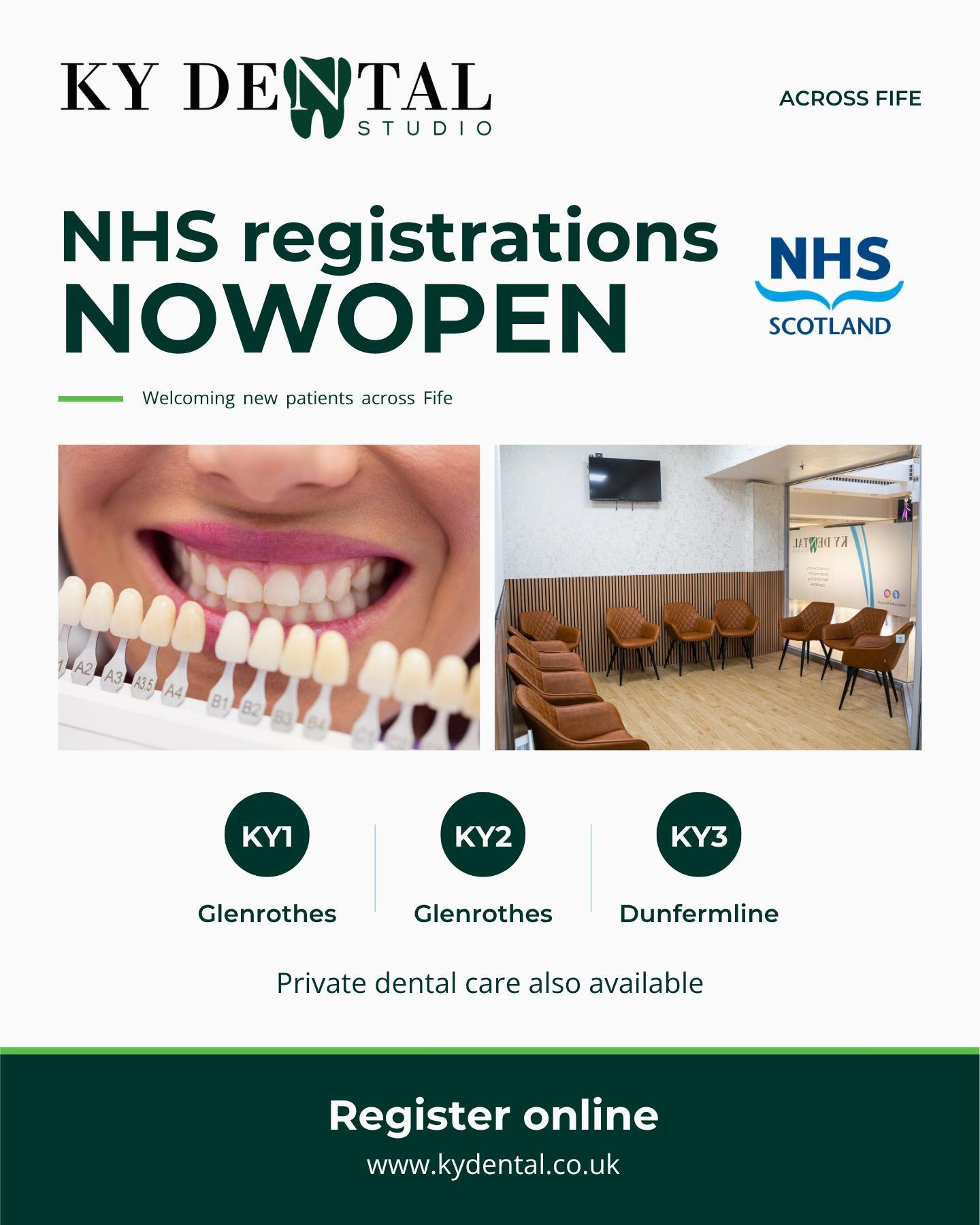 NHS registrations are now open at KY Dental Studio 💚

We&rsquo;re welcoming new NHS patients at:

📍 KY1 &ndash; Glenrothes
📍 KY2 &ndash; Glenrothes
📍 KY3 &ndash; Dunfermline

Private dental care is also available.

Choose your preferred clinic an