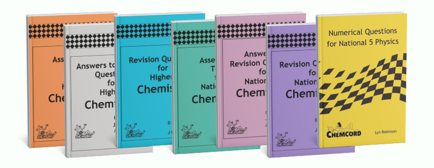 Set of seven chemistry textbooks with colorful covers, including orange, white, blue, green, purple, lavender, and yellow, arranged in a row.