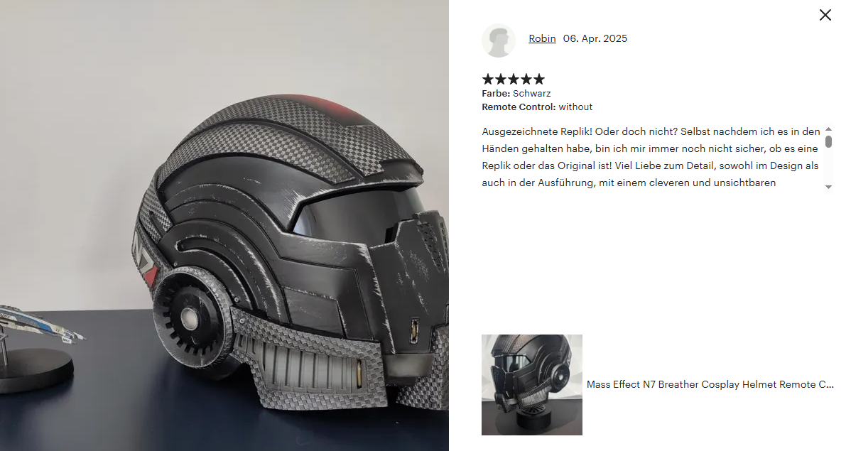 A black replica helmet from Mass Effect N7 Breather Cosplay, with a carbon fiber pattern and futuristic design, placed on a table.