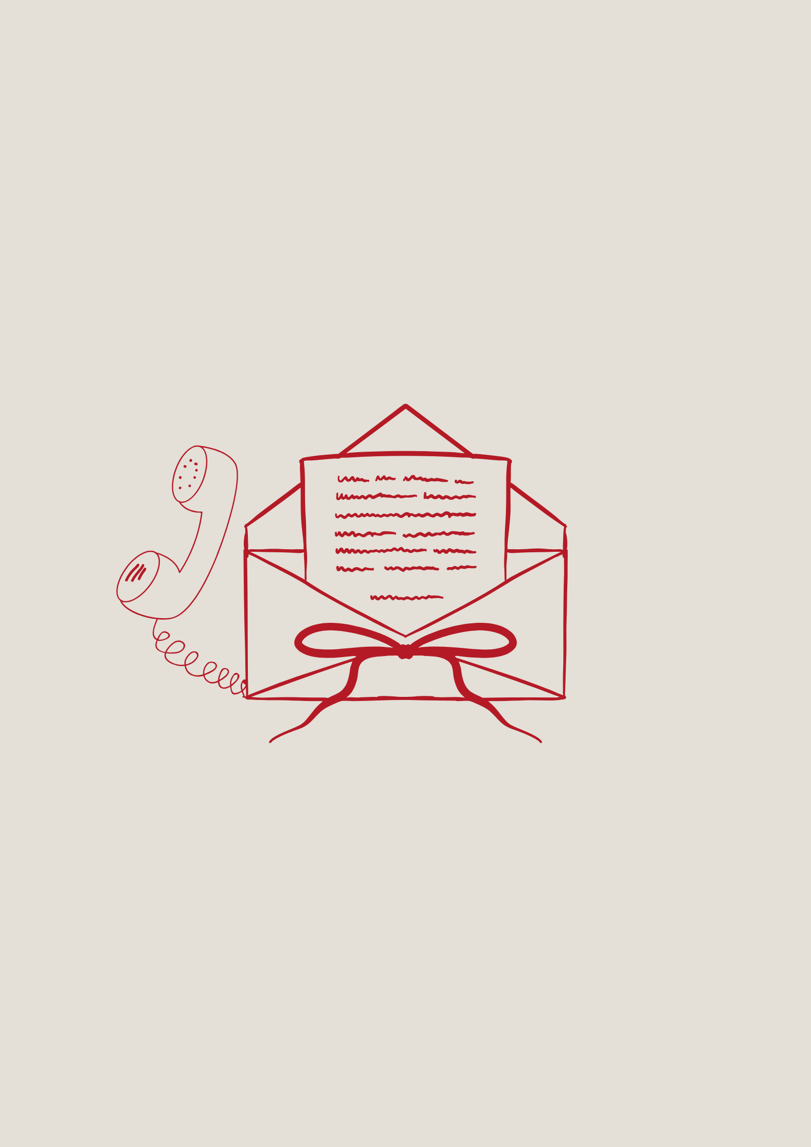 A computer screen showing a webpage with a red outline of an open card box with a bow, a phone receiver, and a paper in the background.