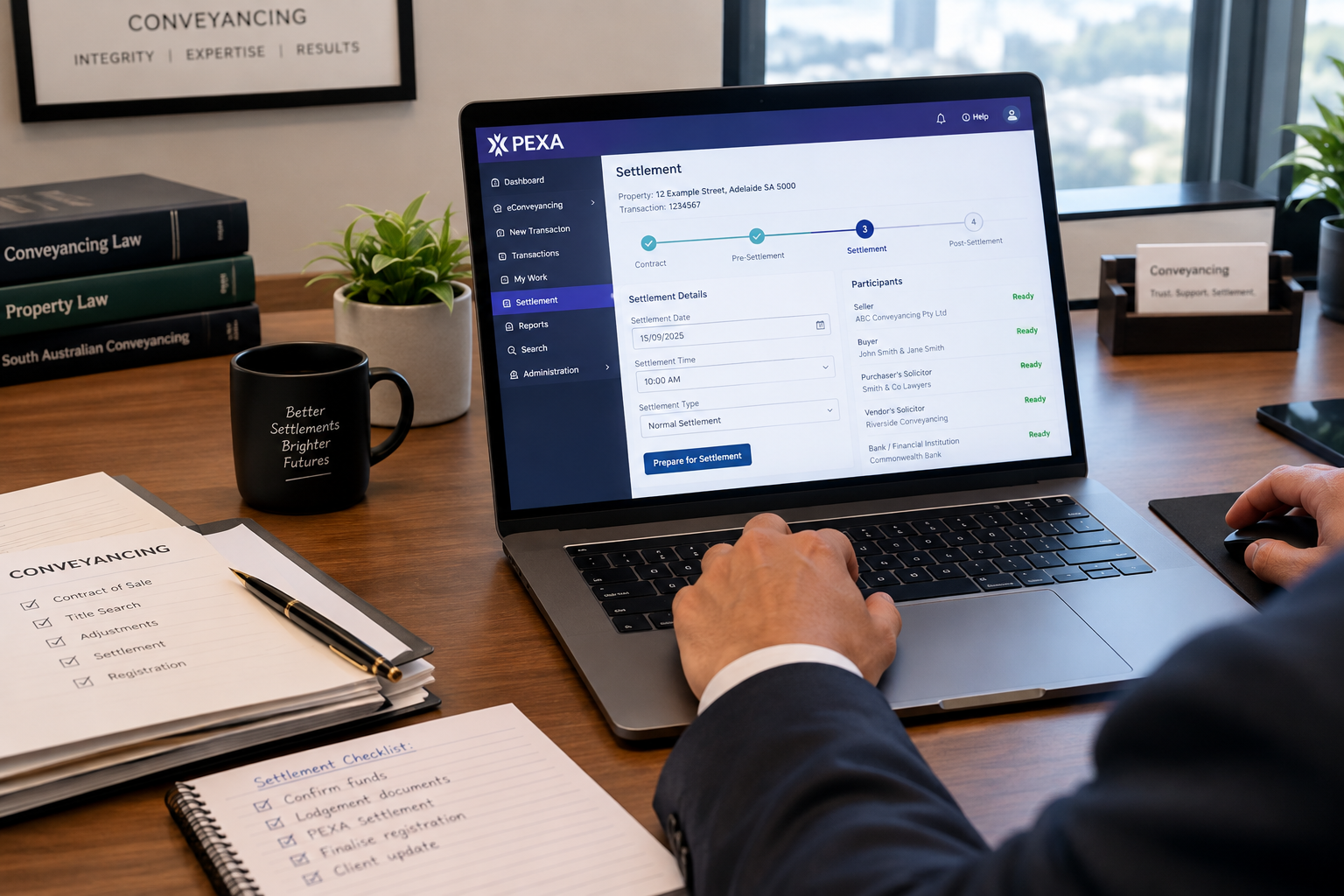 A person in a suit working on a laptop at a wooden desk with documents, a pen, a black mug, a potted plant, and an office window in the background. The laptop screen shows a real estate settlement management software.
