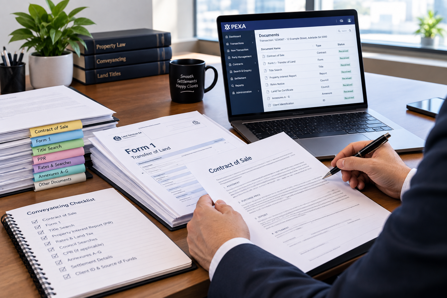 A person in a business suit reviews land sale documents at a wooden desk. The desk has stacks of papers, labeled tabs, a notebook with a checklist, a black mug, a laptop displaying a document management system, and a potted plant in the background.