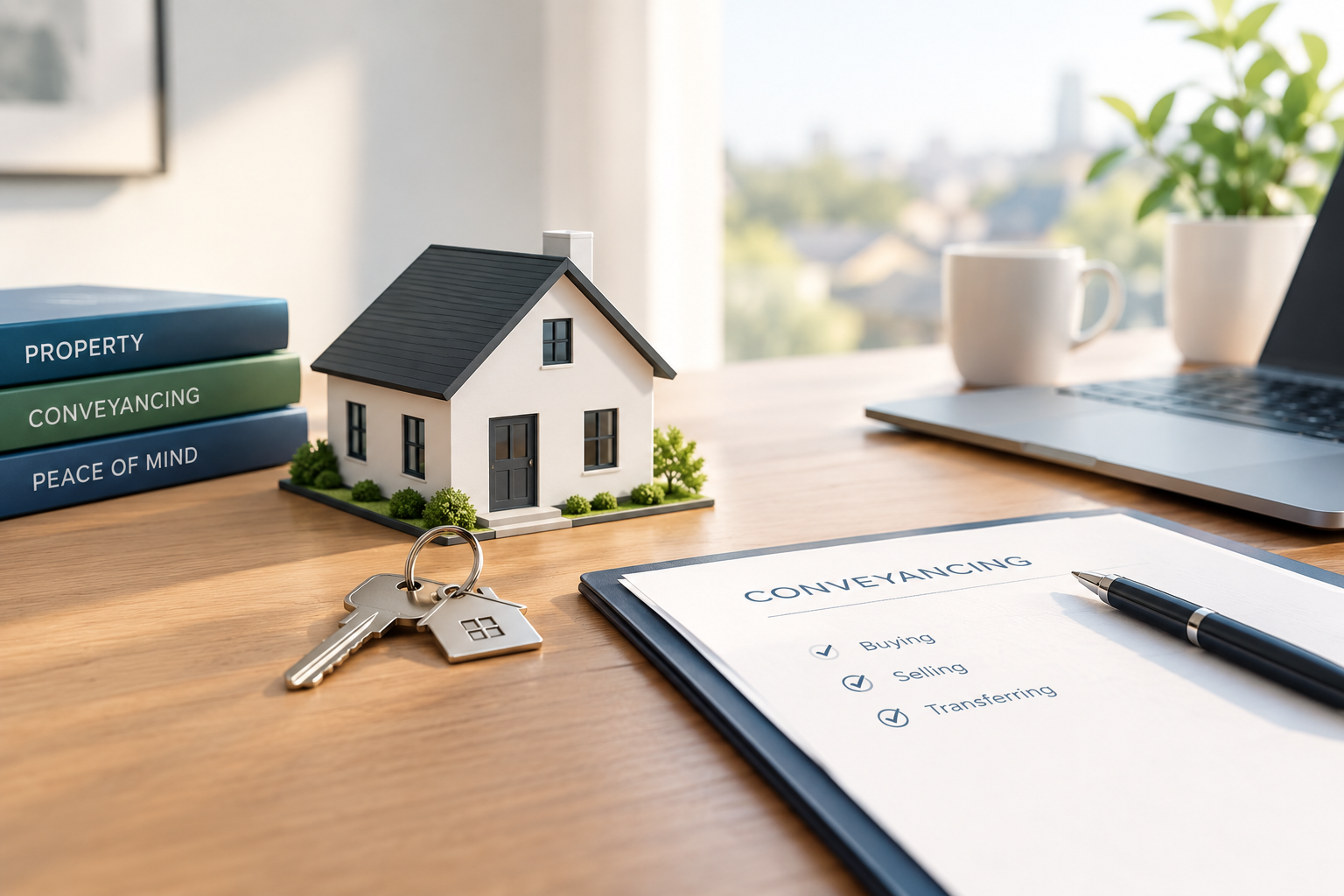 Model house, keys, and conveyancing paperwork on a wooden desk with books labeled 'Property,' 'Conveyancing,' and 'Peace of Mind,' a pen, a laptop, and a potted plant in the background.