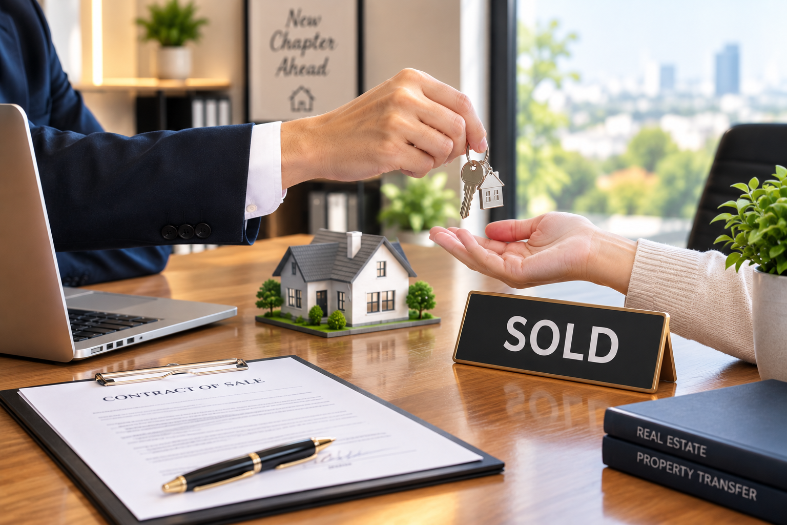 Person handing over house keys to another person in an office, with a small model house and a 'SOLD' sign on the table, indicating a real estate transaction.