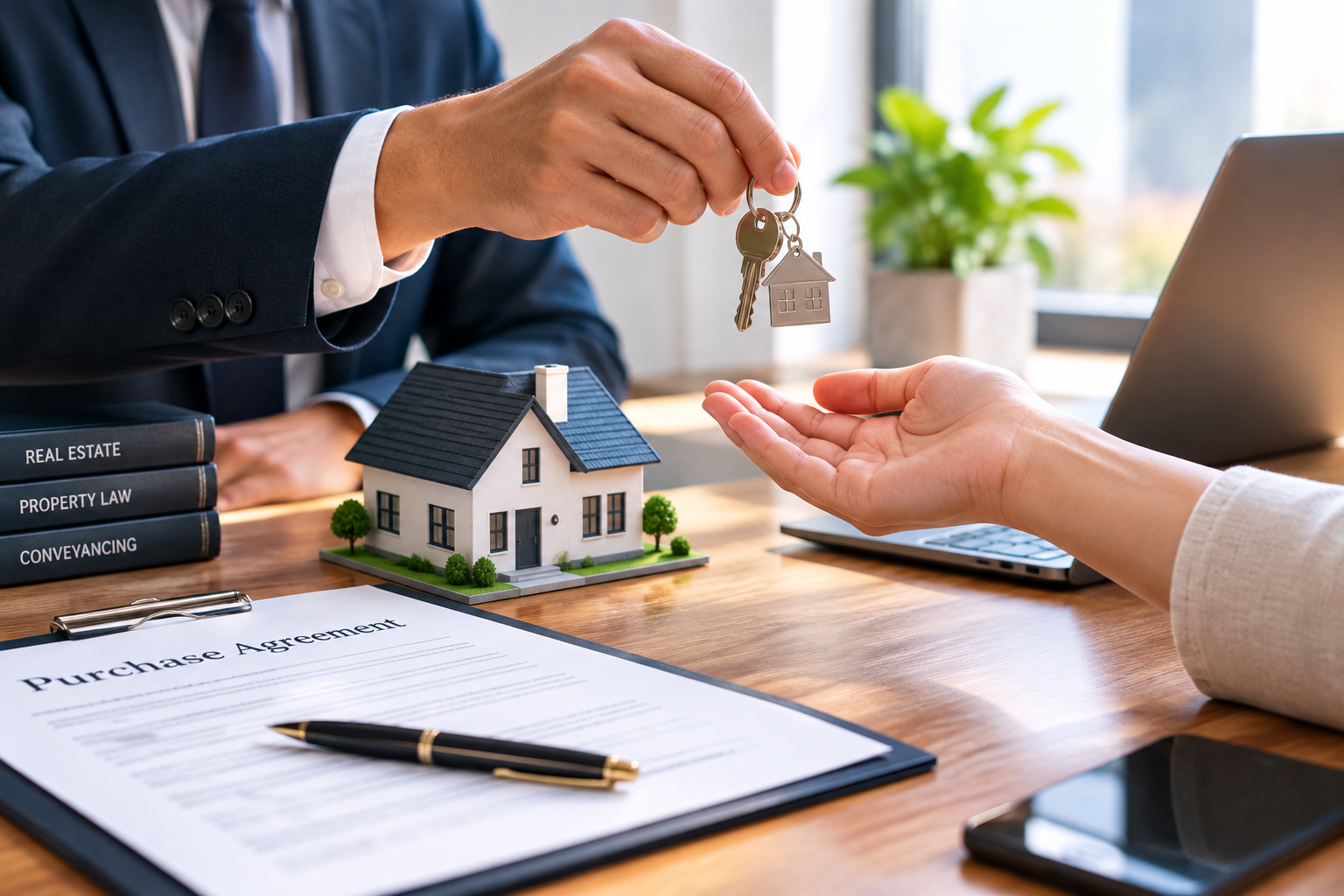 Real estate lawyer handing over house keys to a client in an office with legal books, a house model, and a purchase agreement.