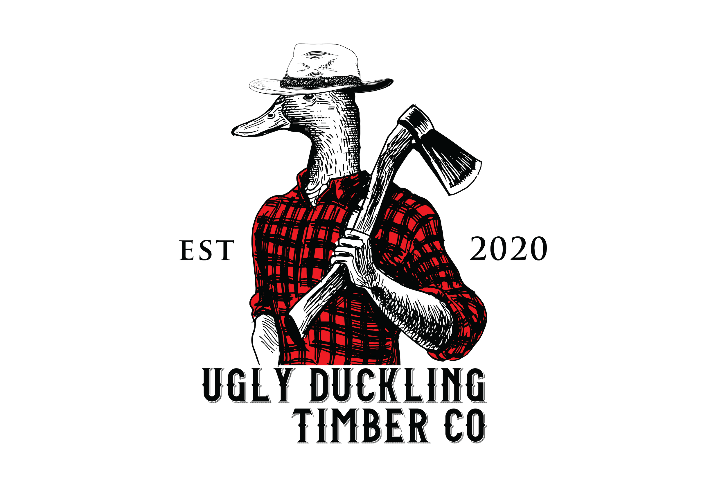Ugly Duckling Timber Co logo, a duck's head wearing a plaid shirt and a hat, holding an axe over its shoulder, with the text "EST 2020"
