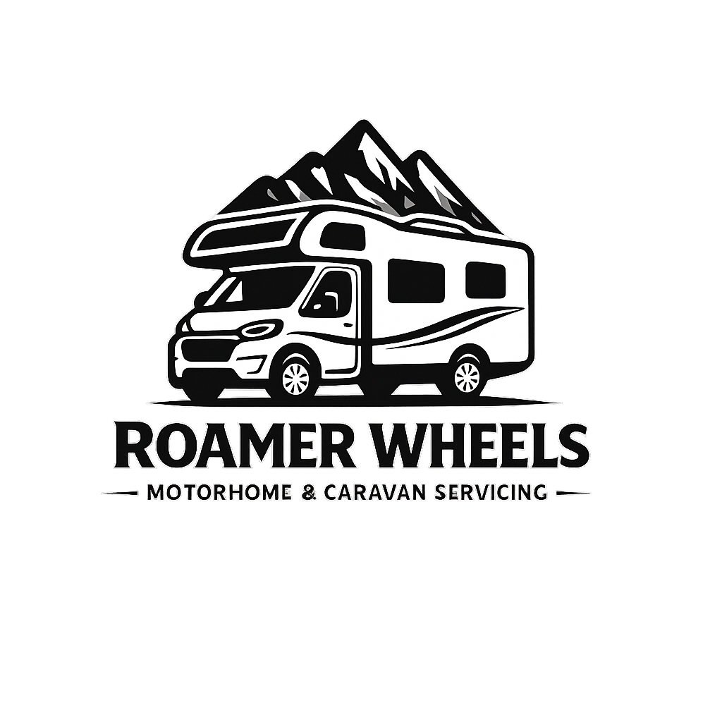 Logo for Roamer Wheels, a motorhome and caravan servicing business, featuring a motorhome with mountain peaks in the background.