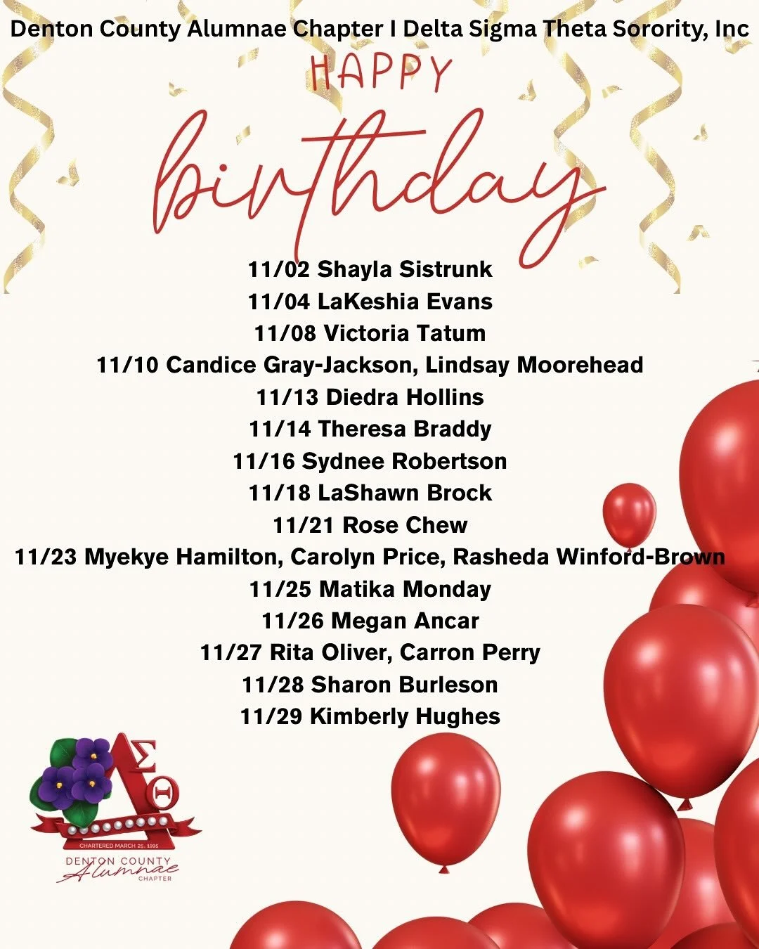 Cheers to our November-born Sorors! Your light, love, and sisterhood make our chapter shine brighter. Happy Birthday from your Denton County Alumnae Chapter sisters! ❤️💎 #DeltaSigmaTheta #DentonCountyDeltas