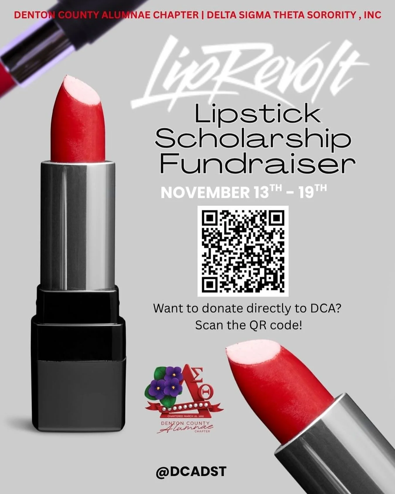 Turn beauty into impact! 💋
Support the LipRevolt Lipstick Fundraiser and help the Denton County Alumnae Chapter of Delta Sigma Theta Sorority, Inc. raise funds for scholarship awards. Your purchase directly empowers students to pursue their academic
