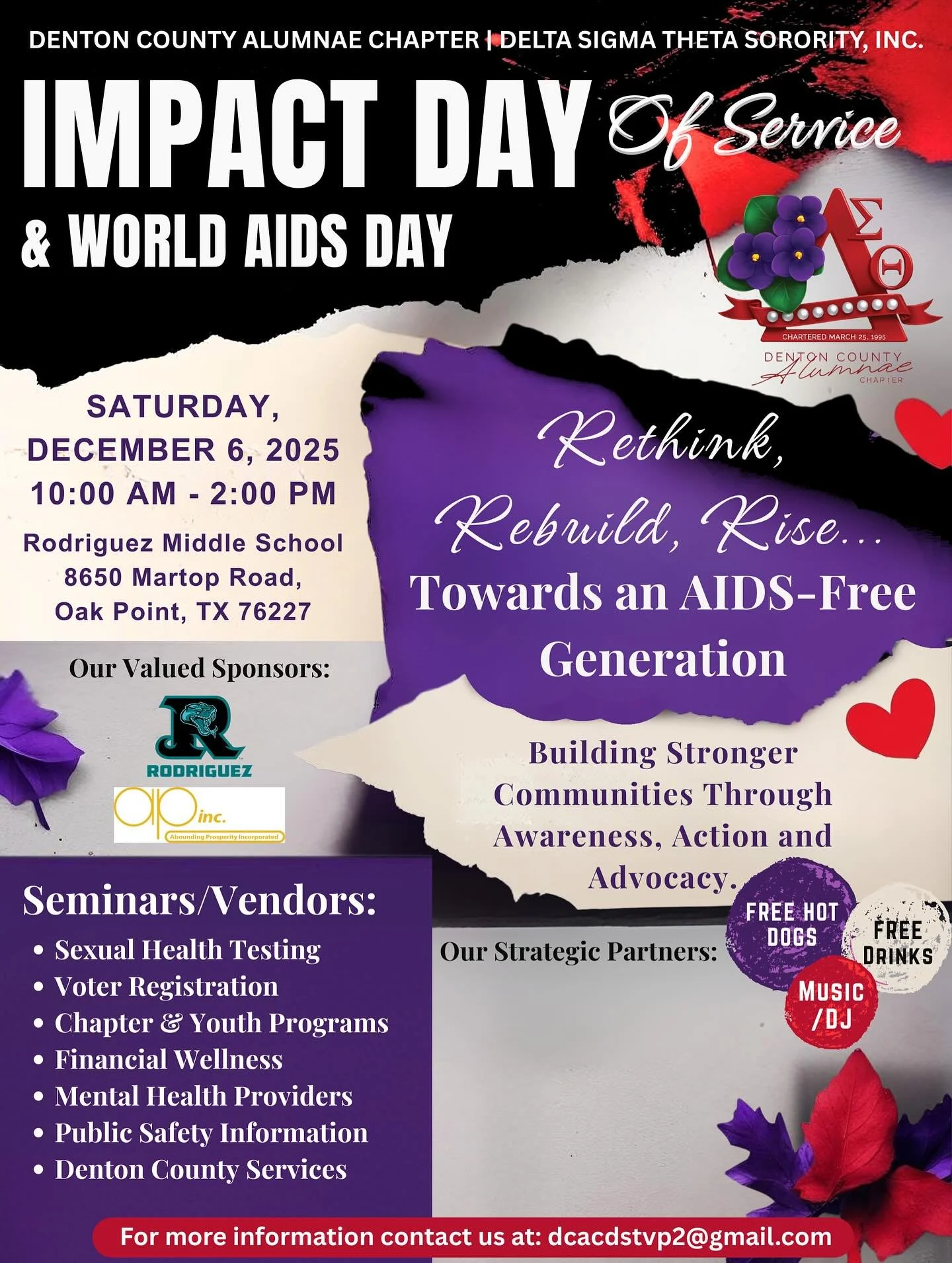 ✨ Impact Day of Service &amp; World AIDS Day ✨
The Denton County Alumnae Chapter of Delta Sigma Theta Sorority, Inc. invites you to join us as we unite to Rethink, Rebuild, and Rise towards an AIDS-Free Generation. ❤️&zwj;🩹

📅 Saturday, December 6,