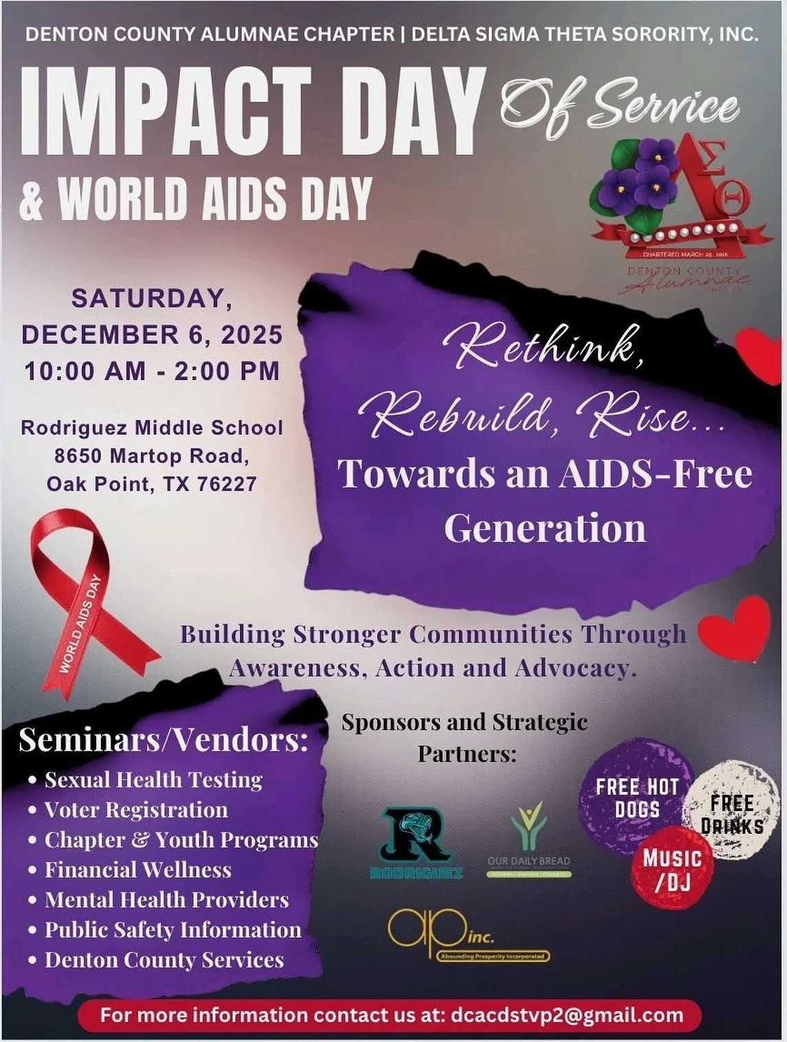 ✨ Impact Day of Service &amp; World AIDS Day ✨
The Denton County Alumnae Chapter of Delta Sigma Theta Sorority, Inc. invites you to join us as we unite to Rethink, Rebuild, and Rise towards an AIDS-Free Generation. ❤️&zwj;🩹

📅 Saturday, December 6,