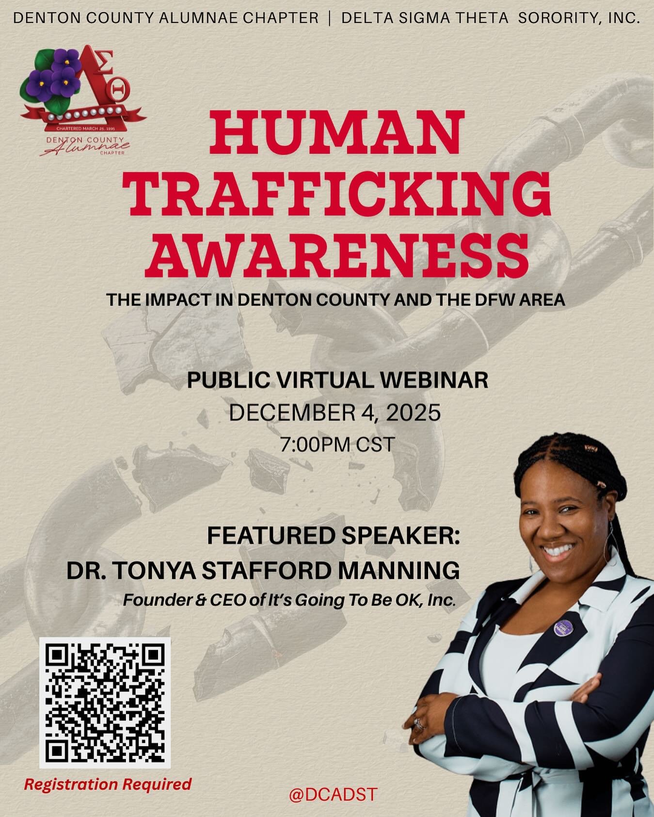 🚨 Human Trafficking Awareness Matters 🚨
Join the Denton County Alumnae Chapter of Delta Sigma Theta Sorority, Inc. for an important virtual webinar as we shine a light on the impact of human trafficking in Denton County and across the DFW area.

🗓