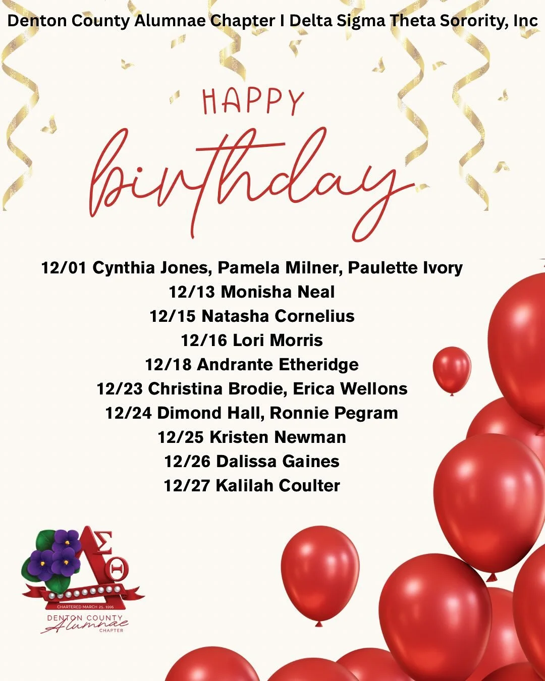 Cheers to our December-born Sorors! Your light, love, and sisterhood make our chapter shine brighter. Happy Birthday from your Denton County Alumnae Chapter sisters! ❤️💎 #DeltaSigmaTheta #DentonCountyDeltas