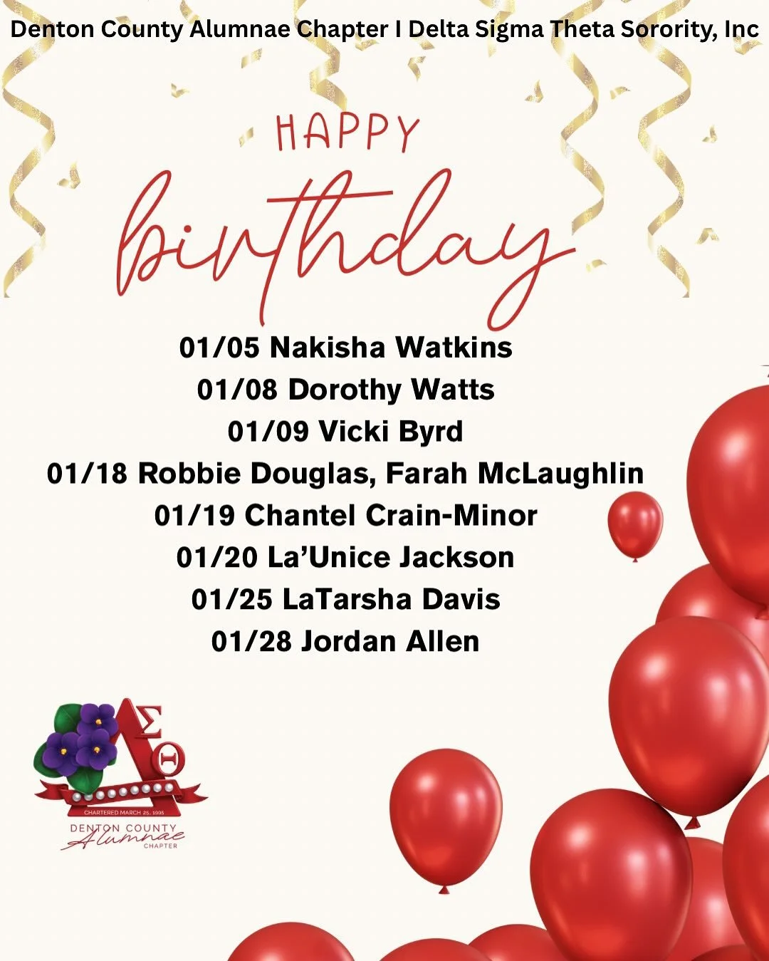 Cheers to our January-born Sorors! Your light, love, and sisterhood make our chapter shine brighter. Happy Birthday from your Denton County Alumnae Chapter sisters! ❤️💎 #DeltaSigmaTheta #DentonCountyDeltas