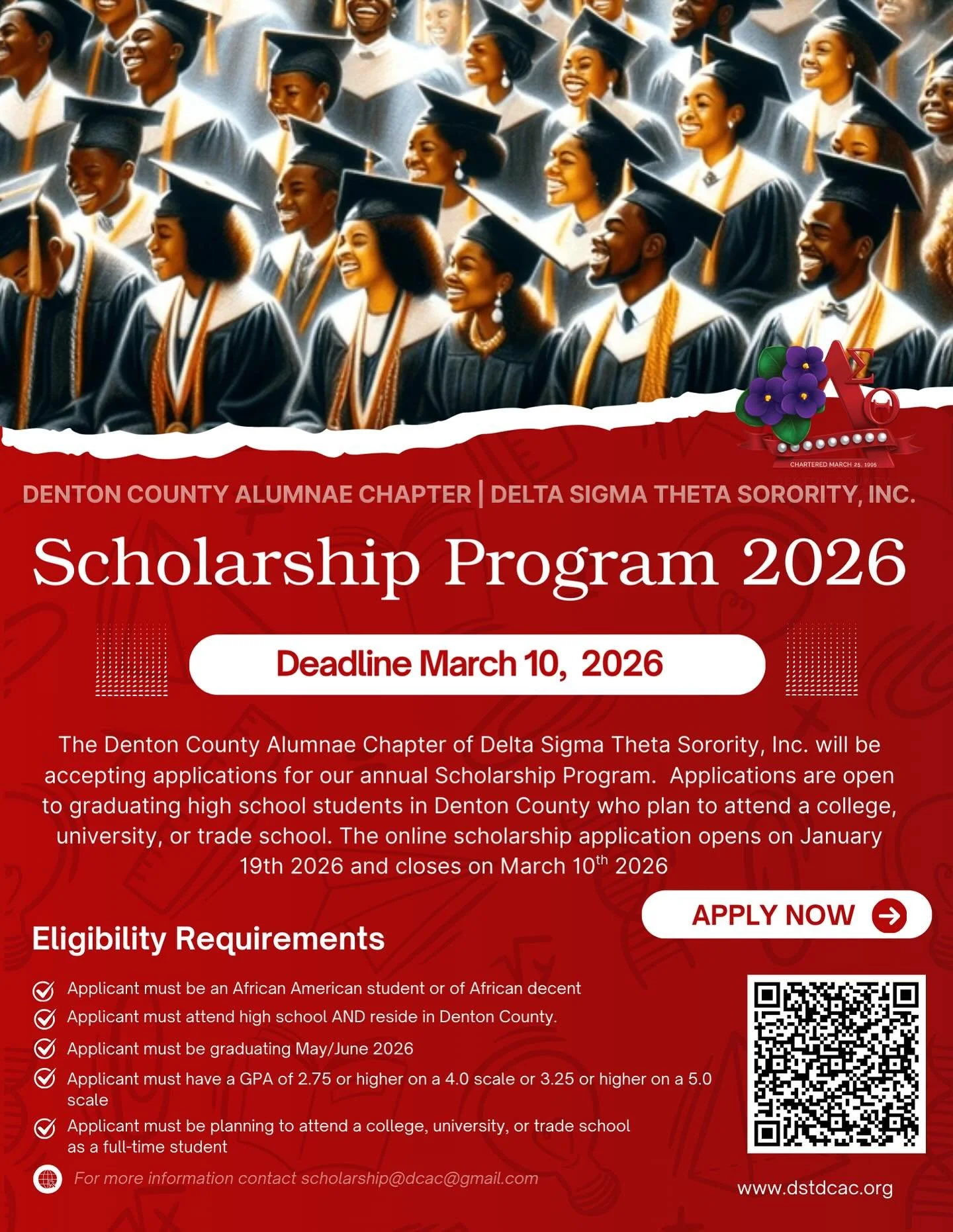 🎓 Now Accepting Applications! 🎓
The Denton County Alumnae Chapter of Delta Sigma Theta Sorority, Inc. is proud to support the next generation of leaders through our 2026 Scholarship Program ❤️🤍

📅 Deadline: March 10, 2026
📍 Open to graduating hi