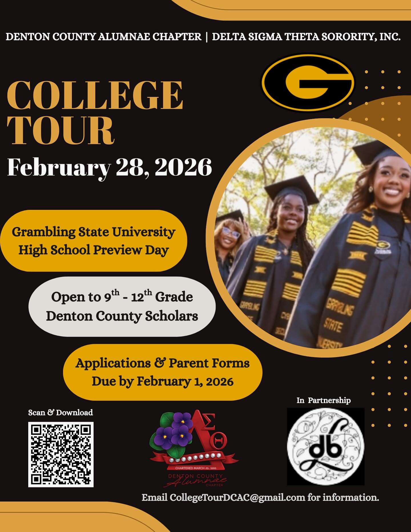 🎓 College Bound Starts Here!
The Denton County Alumnae Chapter of Delta Sigma Theta Sorority, Inc. invites Denton County scholars to join us for a College Tour to Grambling State University during High School Preview Day!

📅 February 28, 2026
👩🏾&