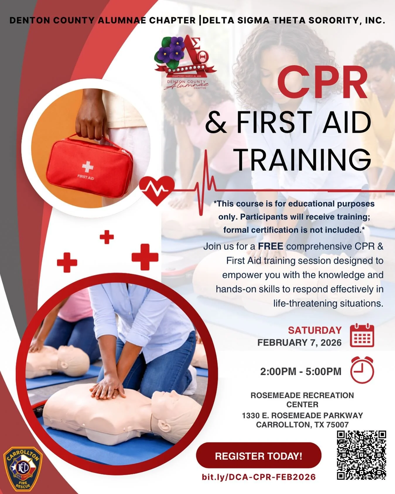 🚑 Be prepared to save a life.

The Denton County Alumnae Chapter of Delta Sigma Theta Sorority, Inc. invites you to a FREE CPR &amp; First Aid Training designed to equip you with essential, hands-on lifesaving skills.

📅 Saturday, February 7, 2026
