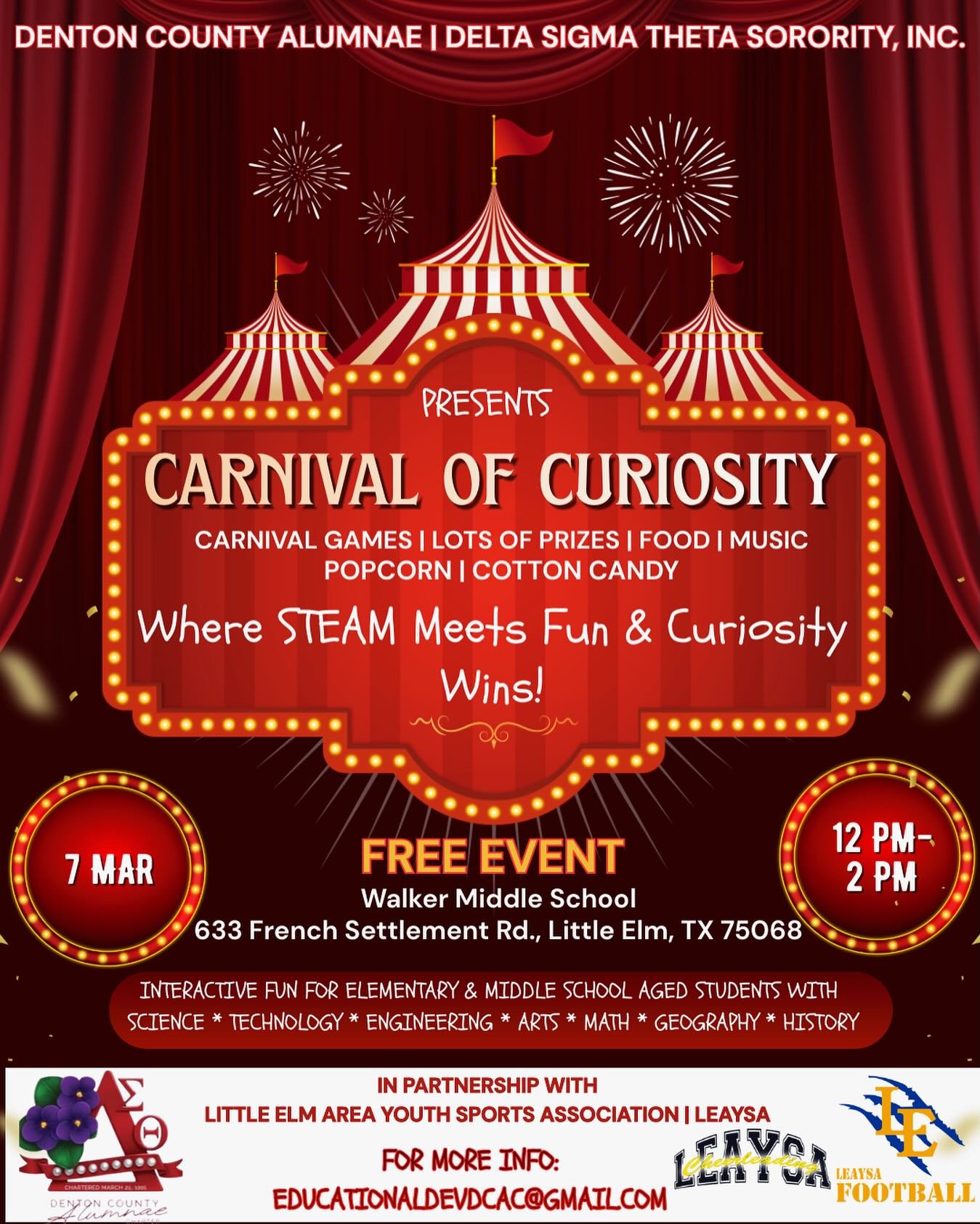 Step right up! 🎟️✨

The Denton County Alumnae Chapter of Delta Sigma Theta Sorority, Inc. presents Carnival of Curiosity &mdash; where STEAM meets fun and curiosity wins! 🎪🔬🎨

Join us for an afternoon filled with:
🎯 Carnival games
🏆 Tons of pri