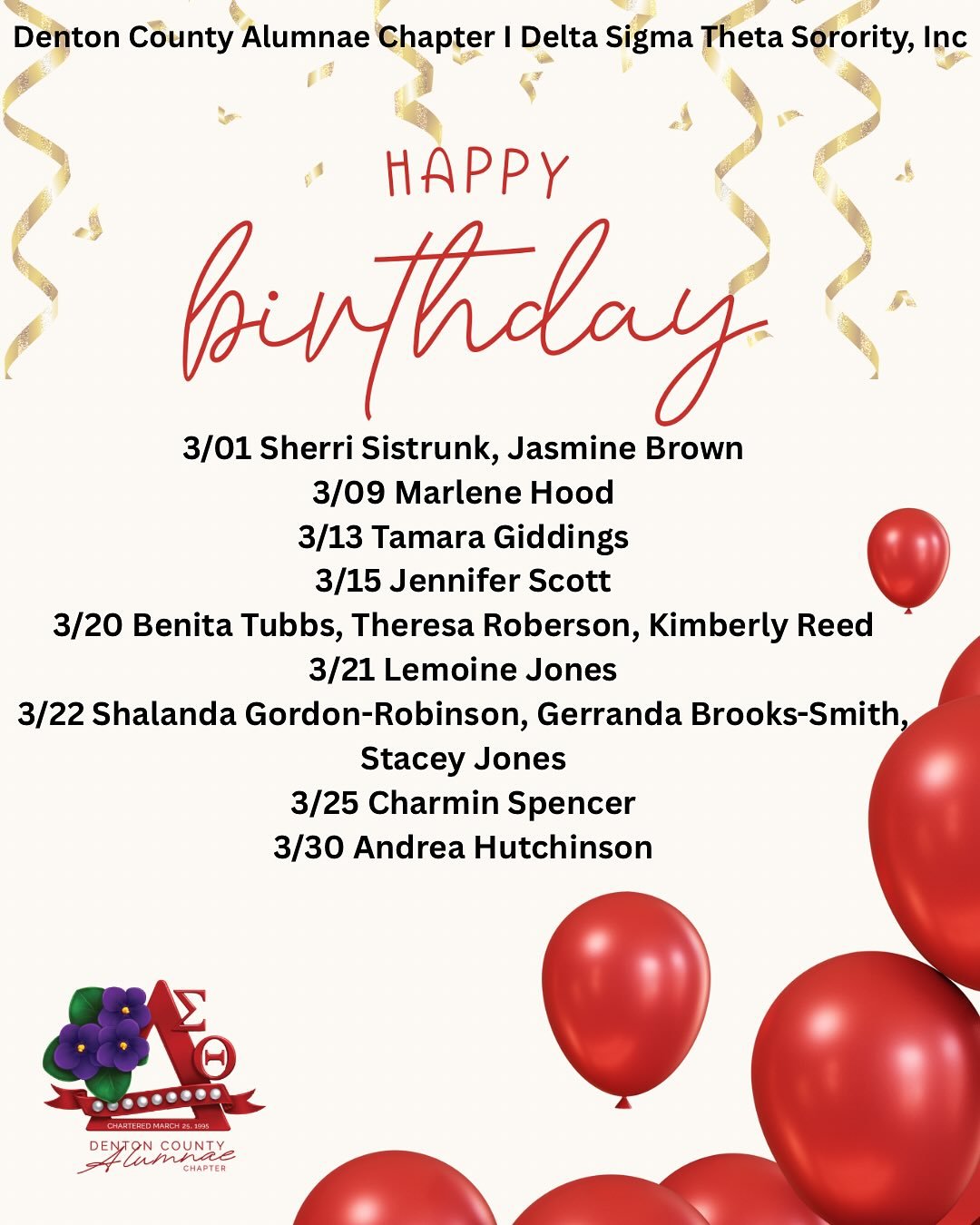 Cheers to our March-born Sorors! Your light, love, and sisterhood make our chapter shine brighter. Happy Birthday from your Denton County Alumnae Chapter sisters! ❤️💎 #DeltaSigmaTheta #DentonCountyDeltas