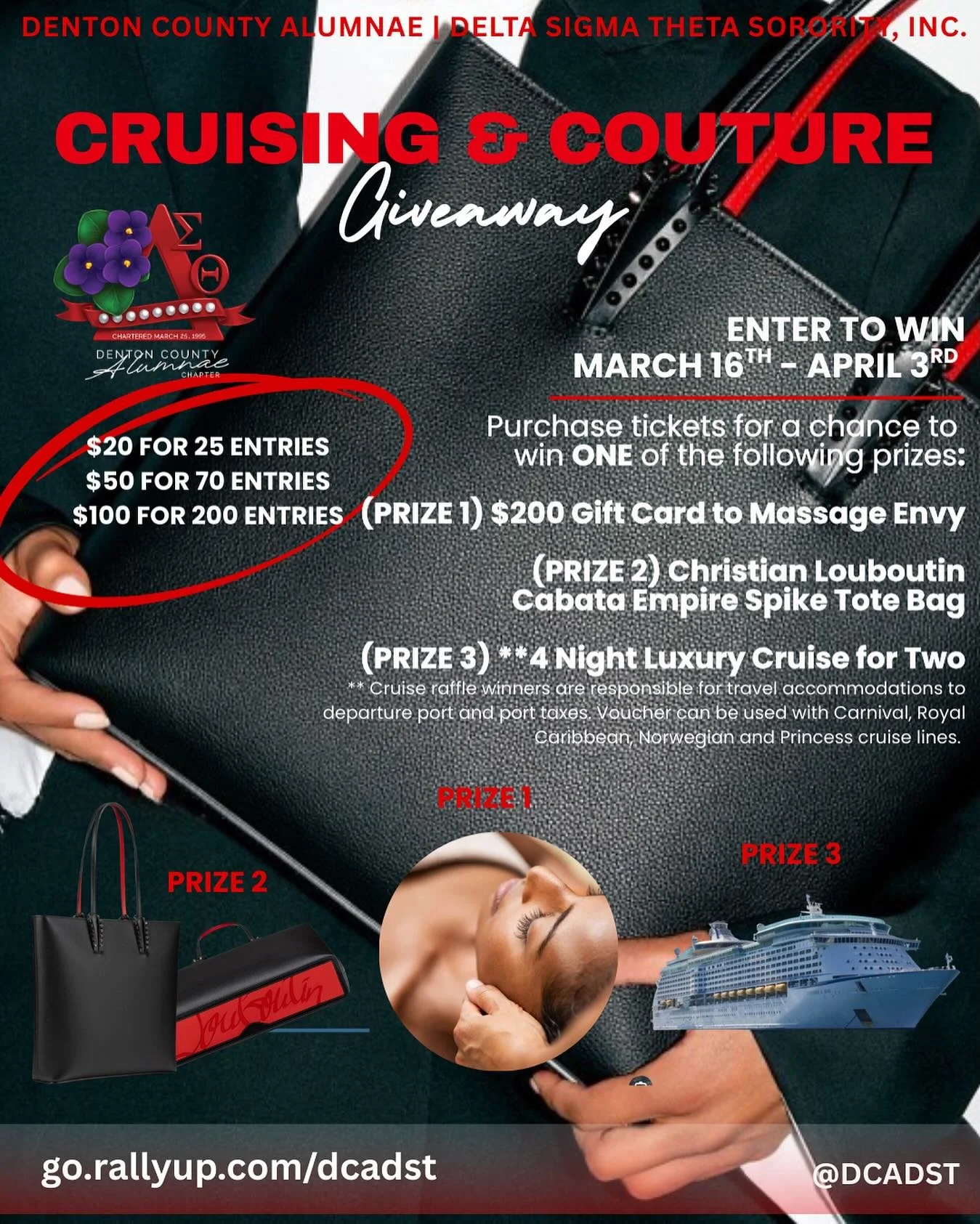 The Denton County Alumnae Chapter of Delta Sigma Theta Sorority, Inc. invites you to enter our Cruising &amp; Couture Raffle Giveaway! ❤️🤍

Purchase your raffle tickets for a chance to win ONE of these amazing prizes:

🧖🏾&zwj;♀️ $200 Gift Card to 