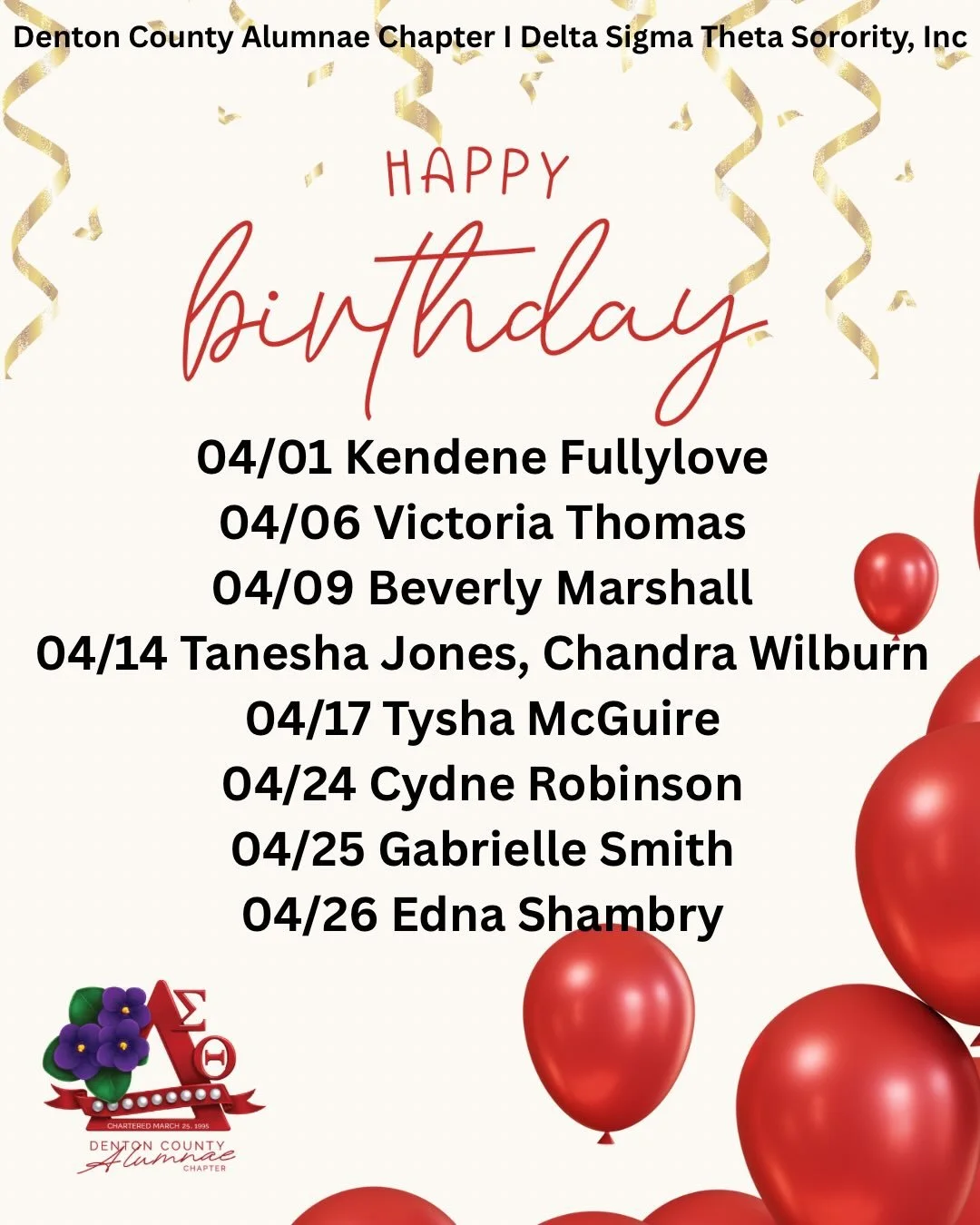 Cheers to our April-born Sorors! Your light, love, and sisterhood make our chapter shine brighter. Happy Birthday from your Denton County Alumnae Chapter sisters! ❤️💎 #DeltaSigmaTheta #DentonCountyDeltas