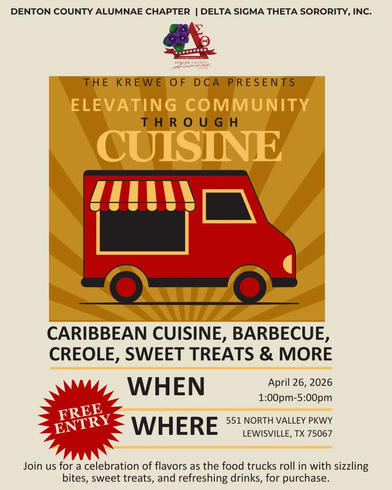 Economic Development emailed this suggestion for the Social media post:🍽️ The Krewe of DCA Presents: Elevating Community Through Cuisine 🍽️

Join us for a Sunday afternoon of family fun, great food, and community vibes! Bring the whole family out t