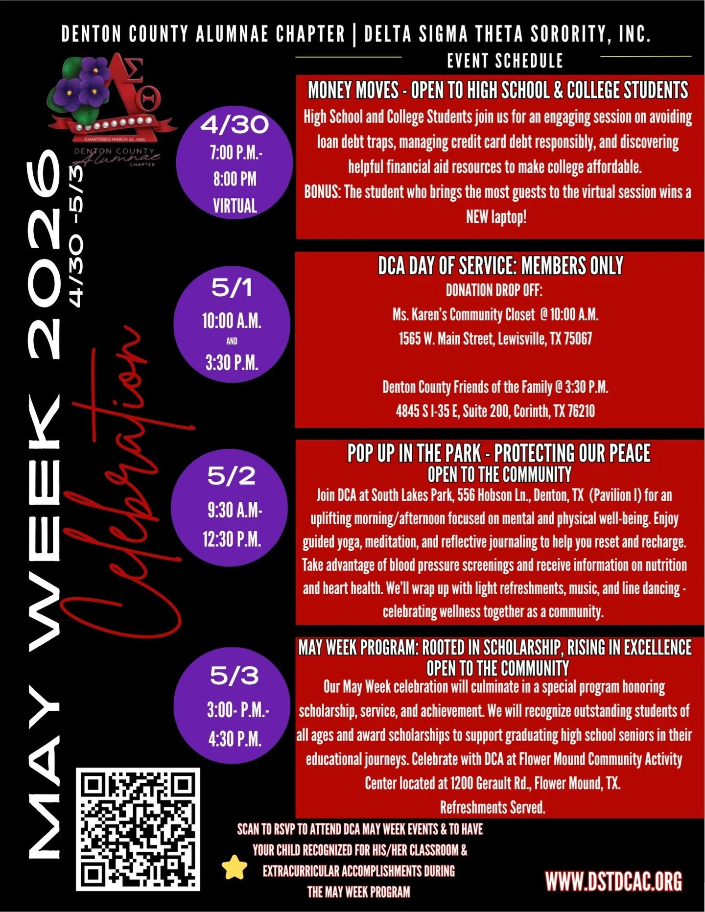 Join us for Denton County Alumnae Chapter&rsquo;s May Week Celebration as we honor scholarship, service, wellness, and community impact all week long.

✨ Thursday, April 30
Money Moves (Virtual)
7:00 PM &ndash; 8:00 PM
Open to High School &amp; Colle