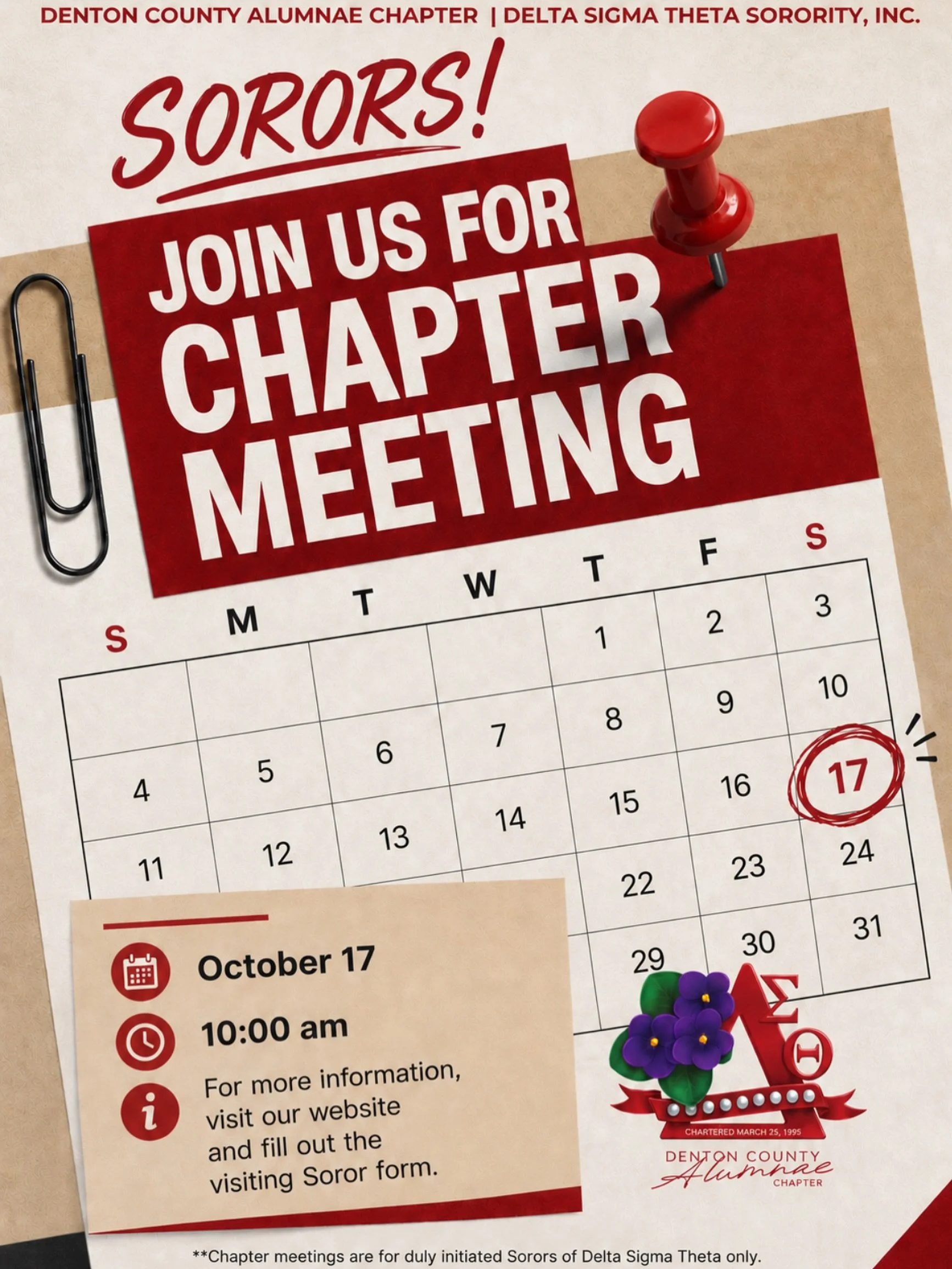 Sorors, join us for our October Chapter Meeting!! 🔺

The new sorority year is underway, and the Denton County Alumnae Chapter is looking forward to all that&rsquo;s ahead. Whether you&rsquo;re new to the area, looking to reconnect, or searching for 