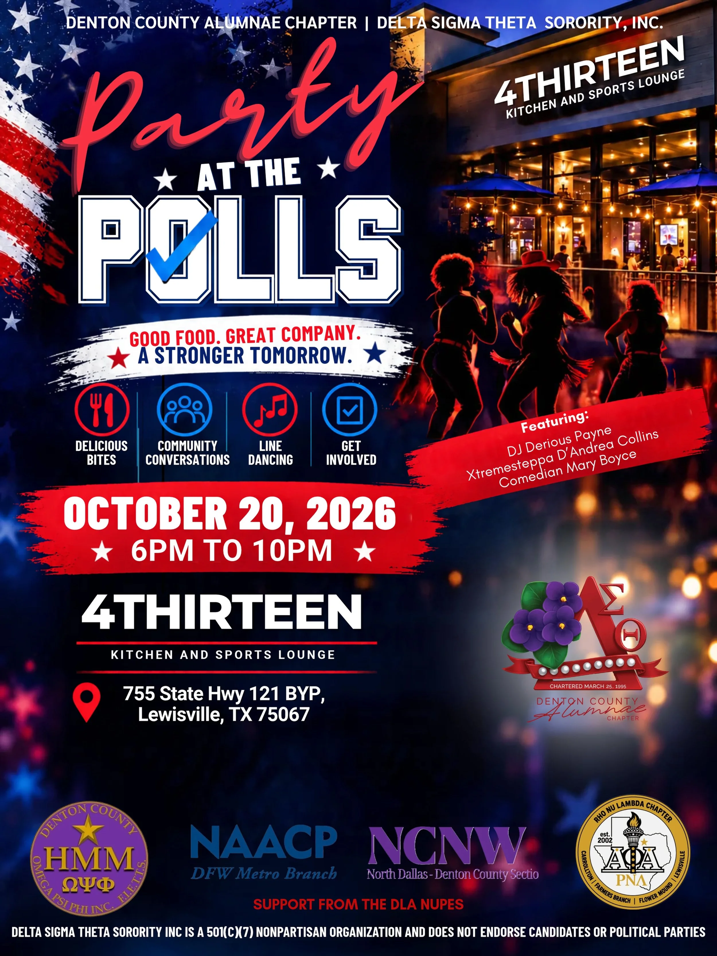 Join the Denton County Alumnae Chapter of Delta Sigma Theta Sorority, Inc. for Party at the Polls on Tuesday, October 20th, in partnership with the Eta Mu Mu @denton_county_ques, North Dallas NCNW @ncnw_nddc, DFW Metro NAACP @dfwmetronaacp, Rho Nu La