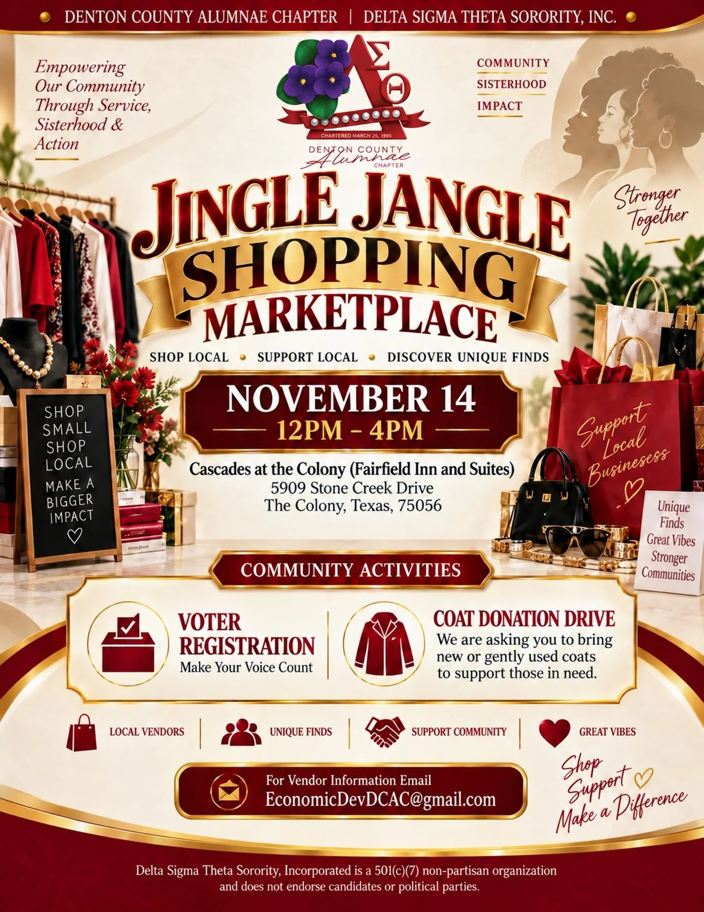 The holiday season is approaching, and we are excited to invite you to join the Denton County Alumnae Chapter of Delta Sigma Theta Sorority, Incorporated for our Jingle Jangle Shopping Marketplace! ❤️🛍️

Come out for an afternoon of shopping, sister