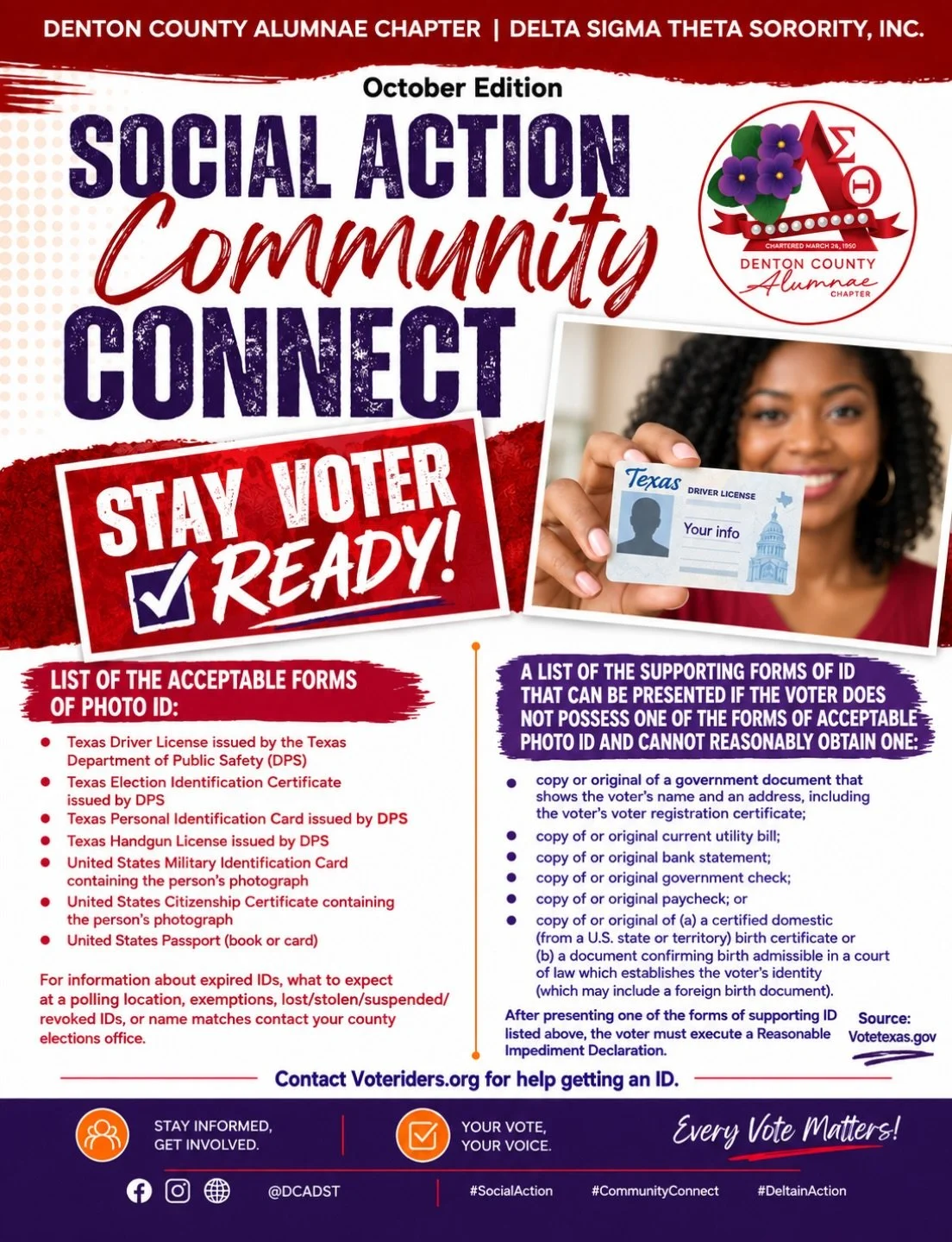 Stay voter ready! Check the accepted forms of photo ID and supporting documents before Election Day. Visit VoteTexas.gov or Voteriders.org for more information.

#dcadst
