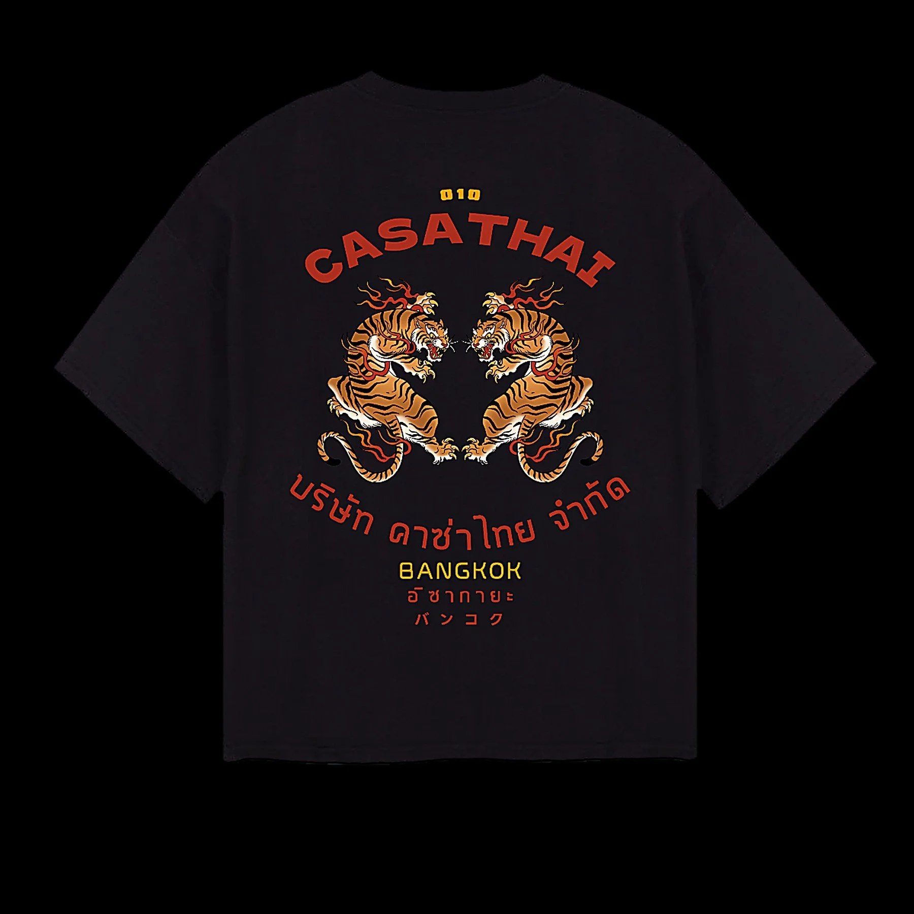 CASA THAI TIGERS BOXY TEE / BLACK — Oversized boxy fit with a slightly cropped length. Sustainably made in Portugal. €24,50. Interested? Send us a DM on Instagram @casathairotterdam.