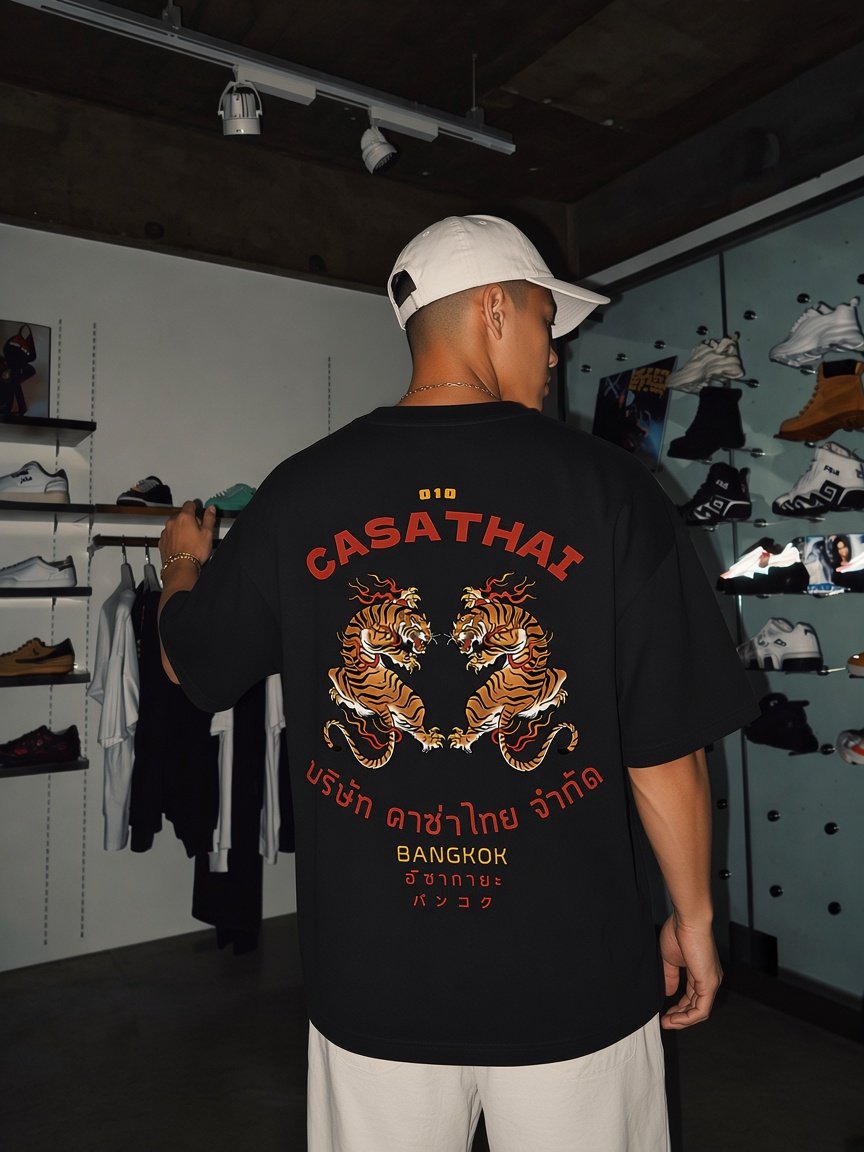 CASA THAI TIGERS BOXY TEE / BLACK — Oversized boxy fit with a slightly cropped length. Sustainably made in Portugal. €24,50. Interested? Send us a DM on Instagram @casathairotterdam.
