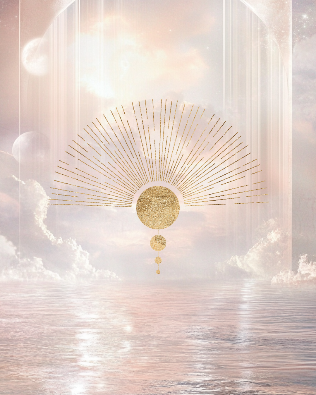 A celestial and mystical scene with a large golden geometric moon and radiating lines over a calm ocean, with clouds and planets visible in the sky.