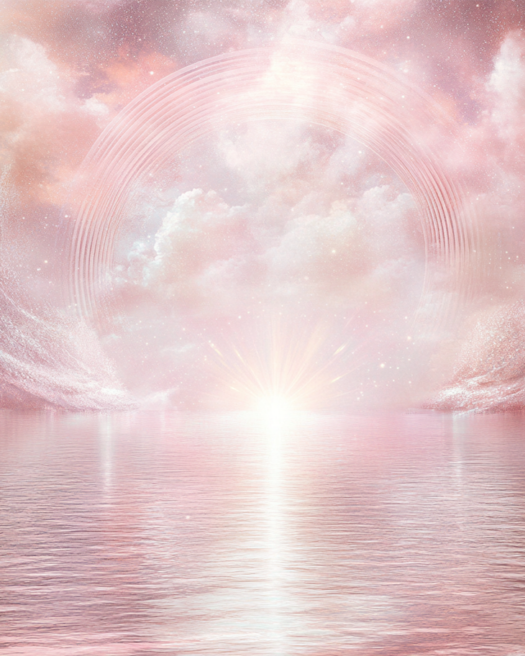 A dreamy pink sky with clouds and stars, a glowing sun reflection on water, and layered rainbow-like arcs in the sky.