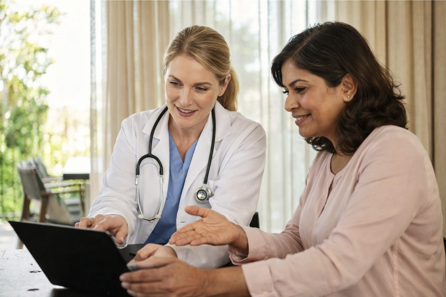 Radiologin bespricht radiologischen Befund mit Patientin am Laptop im Rahmen einer Zweitmeinung durch Radiologen.