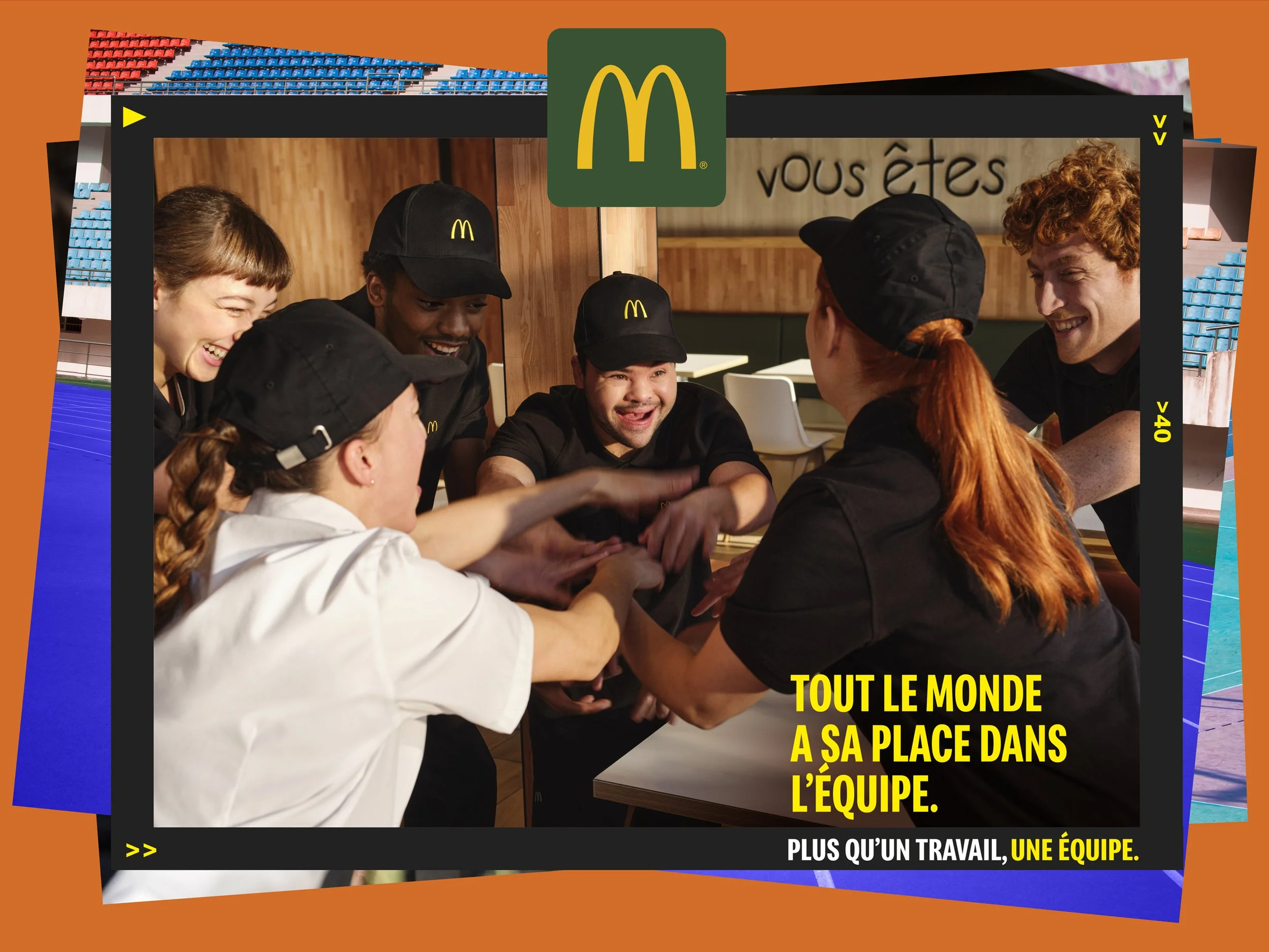 Group of McDonald's employees in uniform, smiling and engaging in a team activity, with the McDonald's logo at the top and French text on the image.