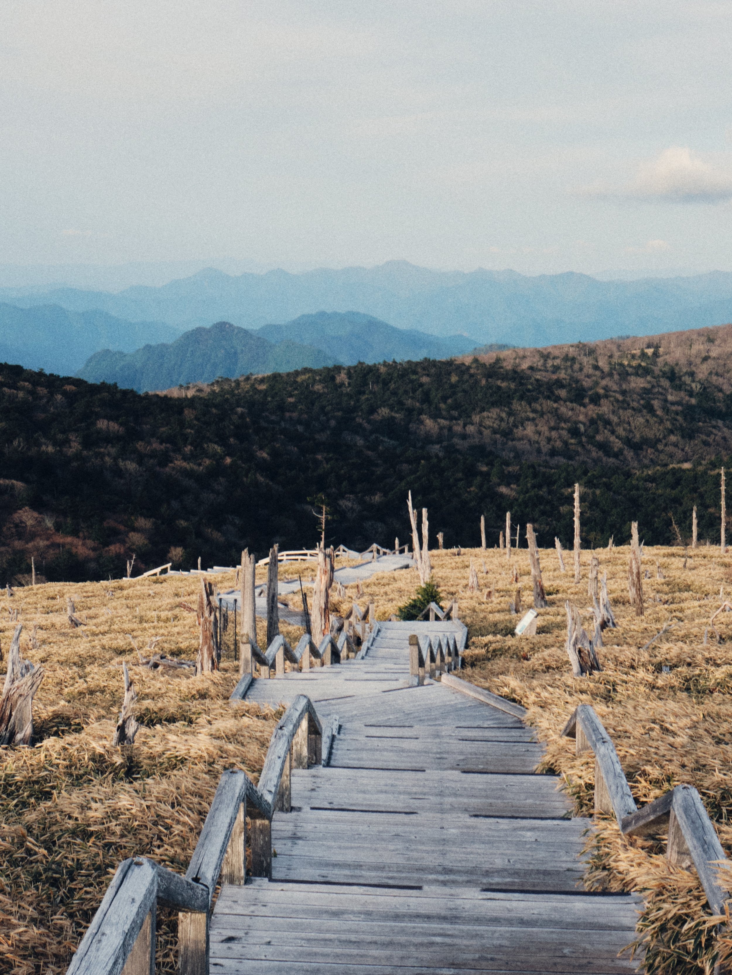 A wooden pathway winding through a grassy mountain landscape with distant mountain ranges in the background and a cloudy sky.