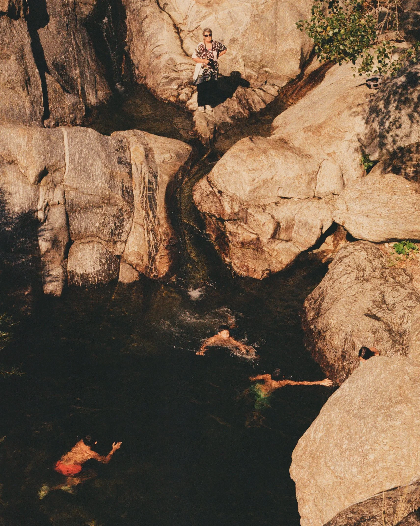 People swimming in a natural rock canyon with a small waterfall and a person standing on rocks above the water.