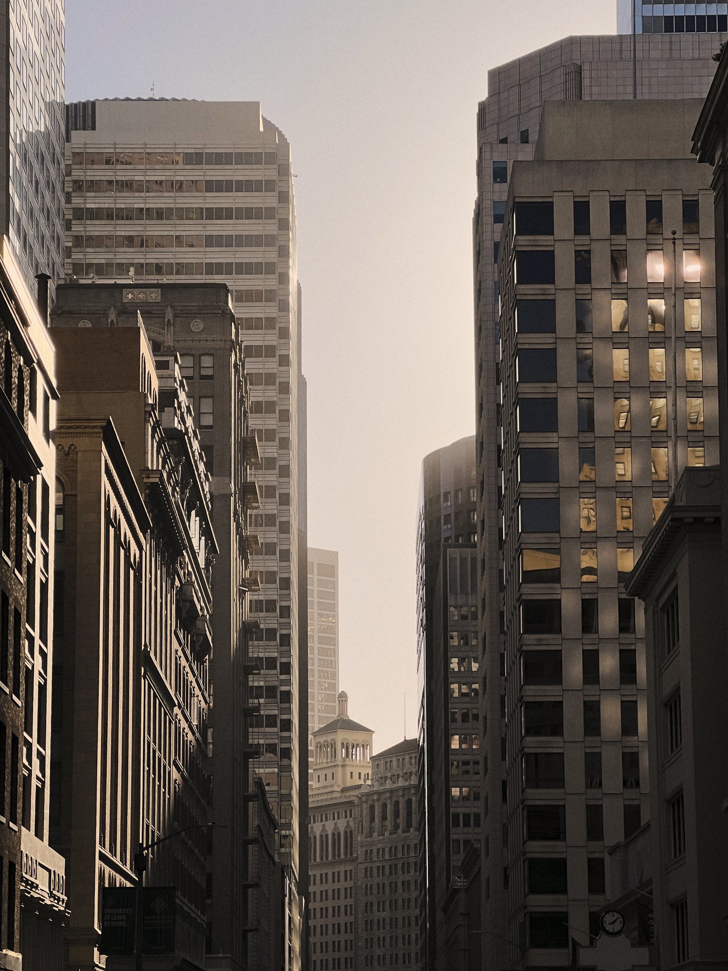 Tall city skyscrapers with reflective glass windows in downtown area during sunset.