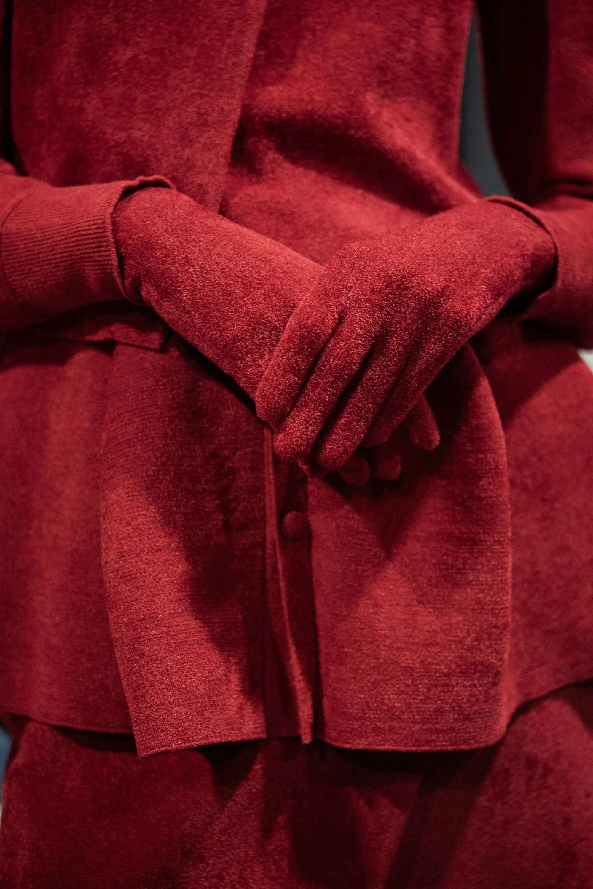 Close-up of a person wearing a red velvet dress with matching red velvet gloves, hands clasped together.