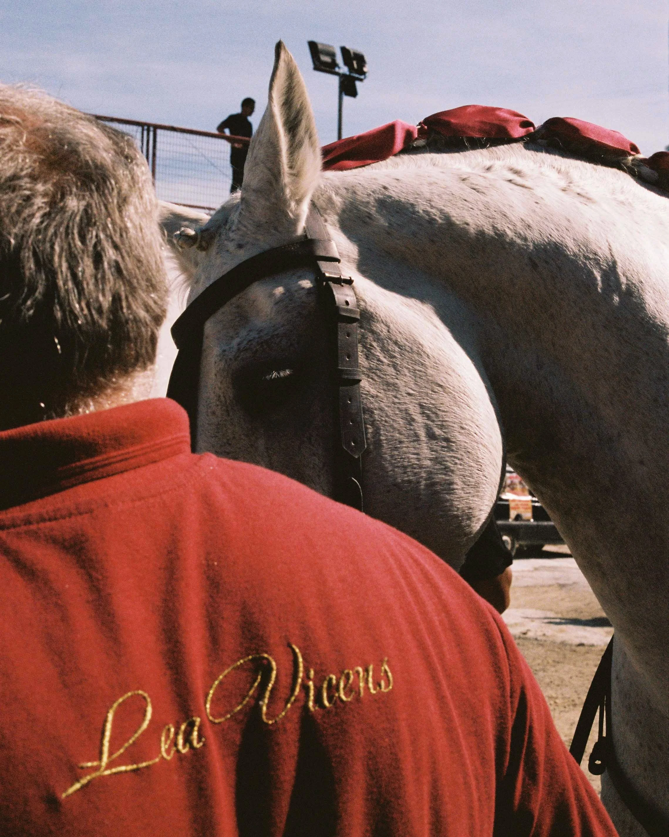 Close-up of a person wearing a red jacket with gold embroidery that says 'Lee Vickens', standing next to a white horse with black spots, a black bridle, and some red equipment on its back, outdoors under a blue sky.