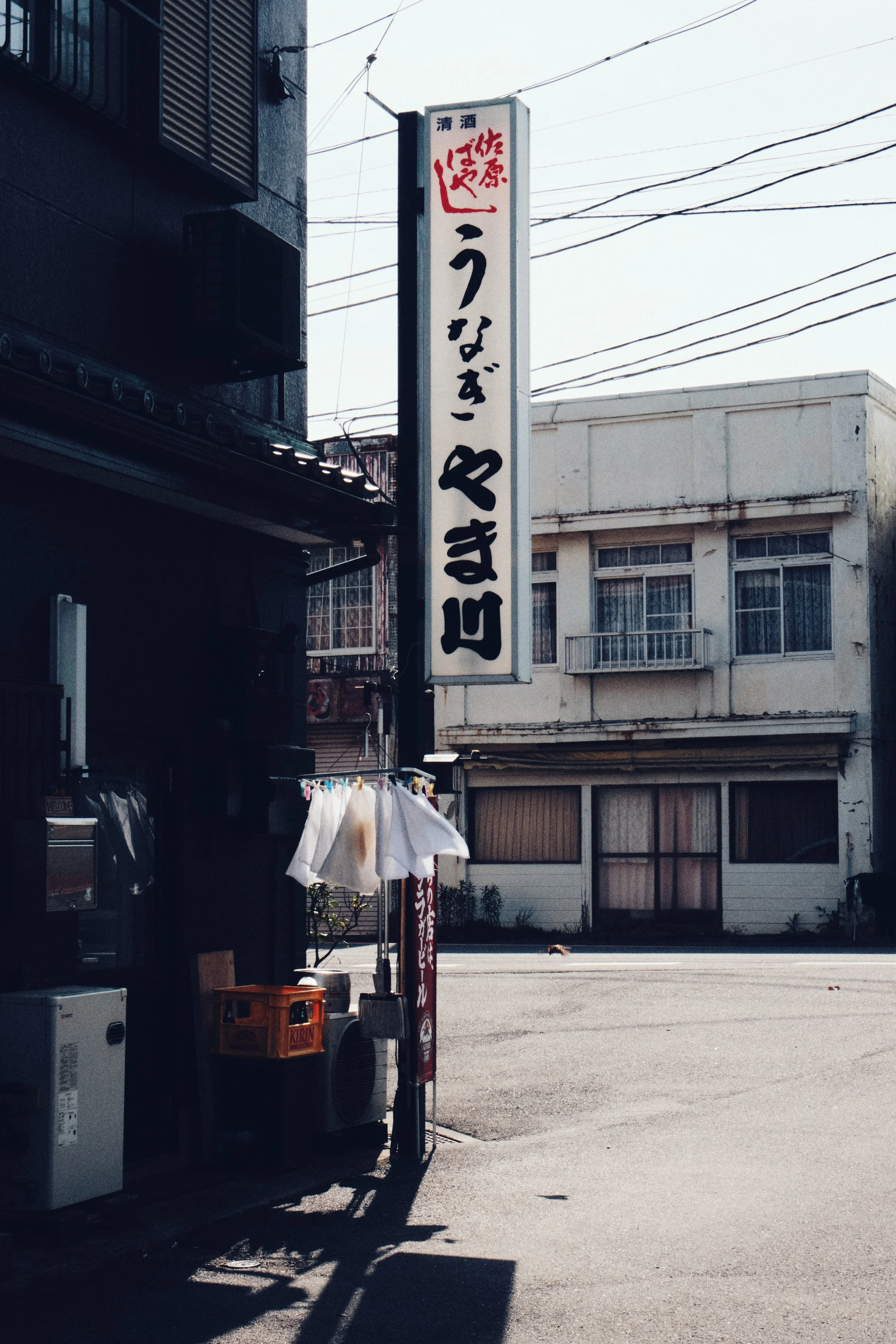 Street scene in Japan with a vertical signboard in Japanese and hanging laundry. The sign reads 'Unagi Yama'. The surrounding buildings appear old with closed garage doors and a few potted plants.